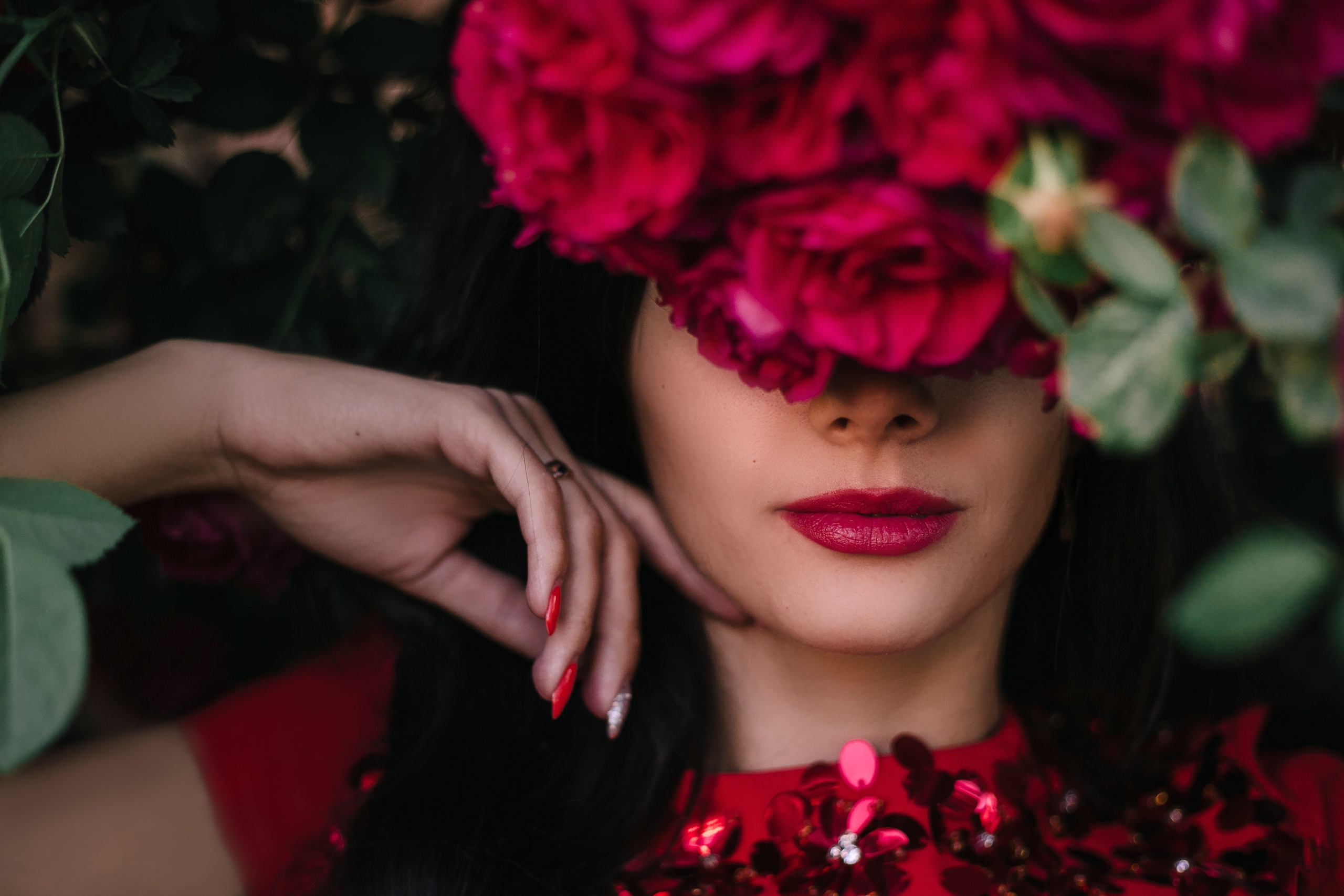 People 2560x1707 red lipstick red face flowers red flowers plants women model closeup