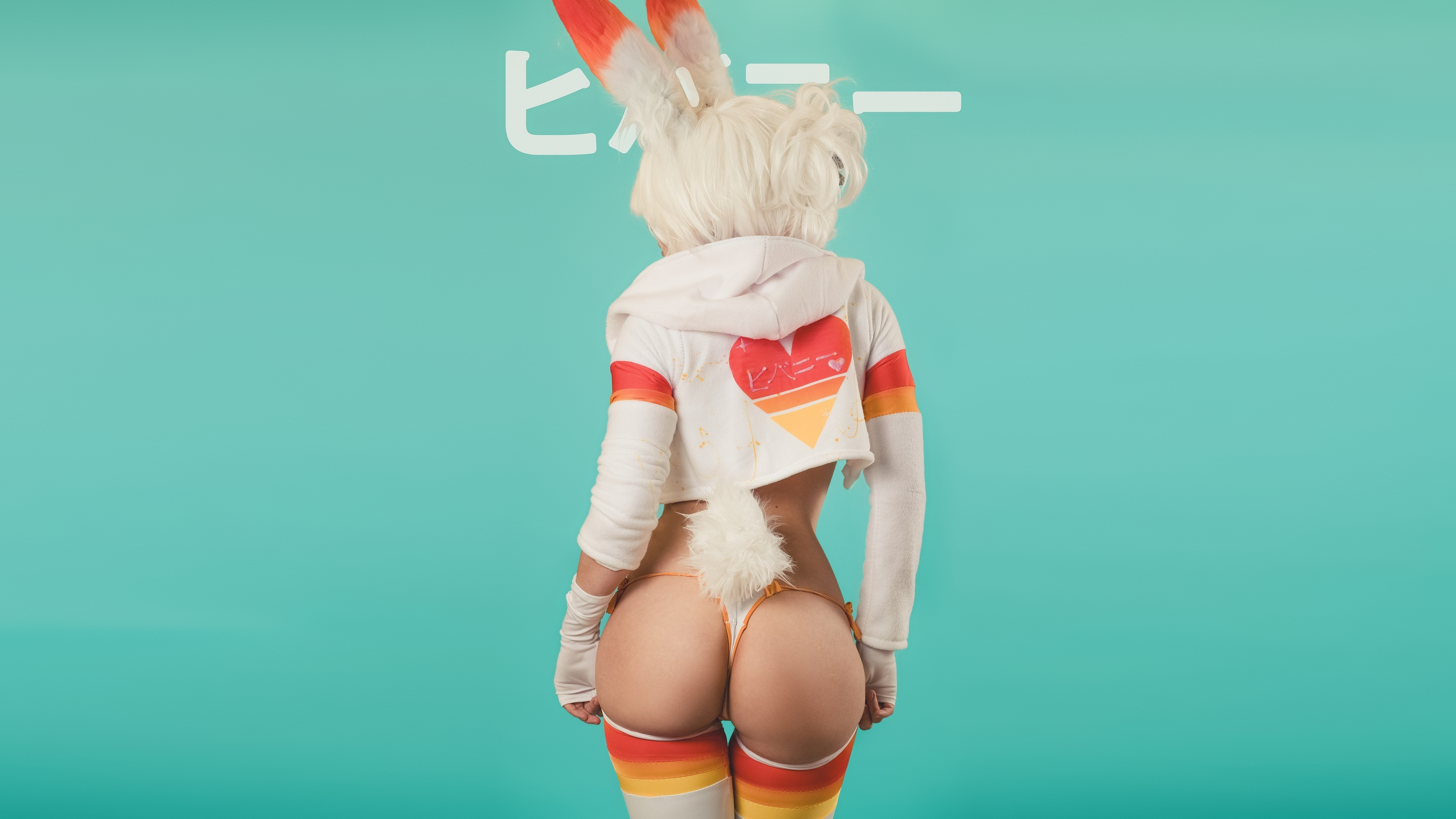 People 3412x1919 women model blonde cosplay tail ass Jessica Nigri bunny ears bunny girl the gap underwear panties thigh-highs turquoise Scorbunny (pokemon) Pokémon