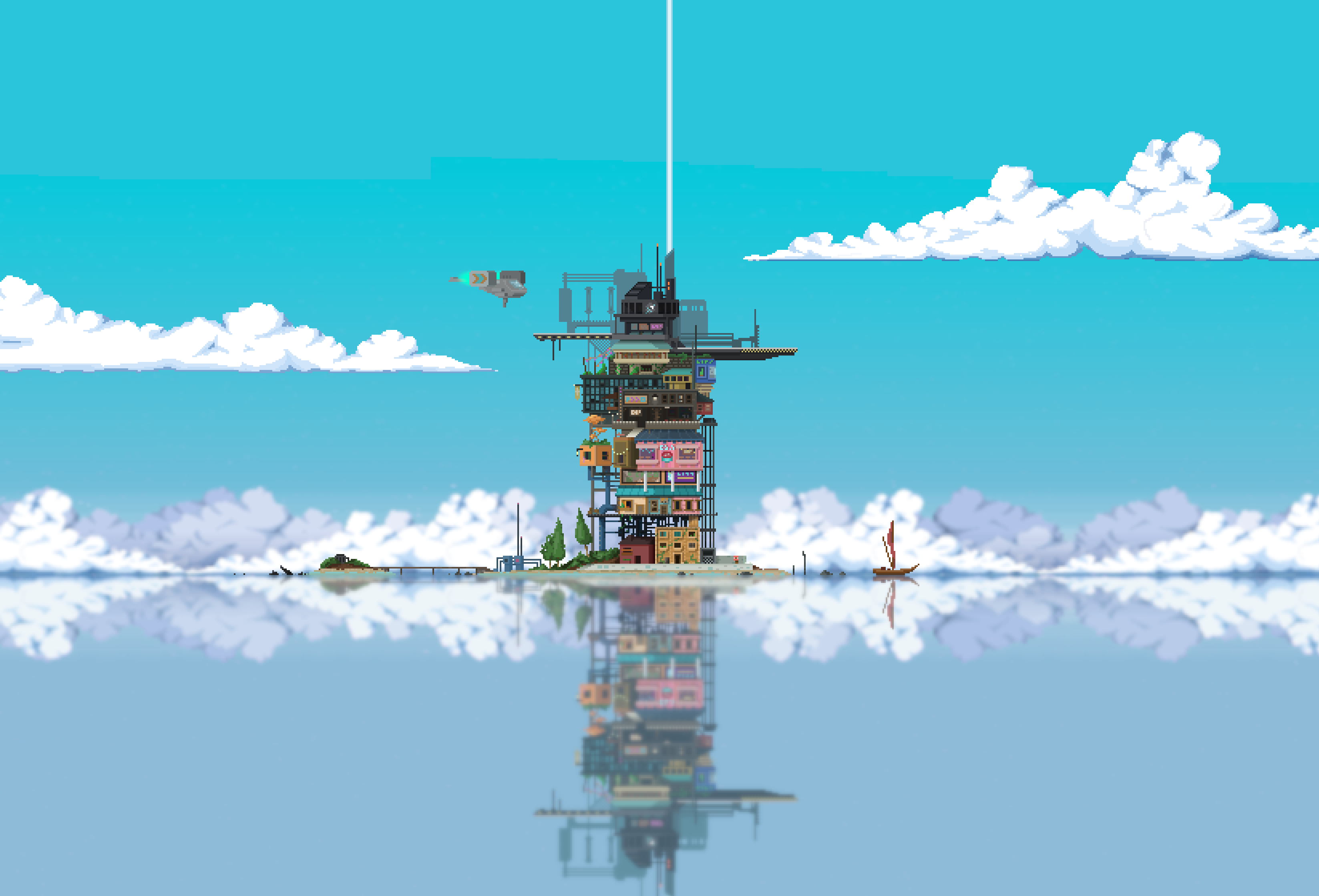 General 3294x2238 pixel art tower lake reflection cyan futuristic digital art