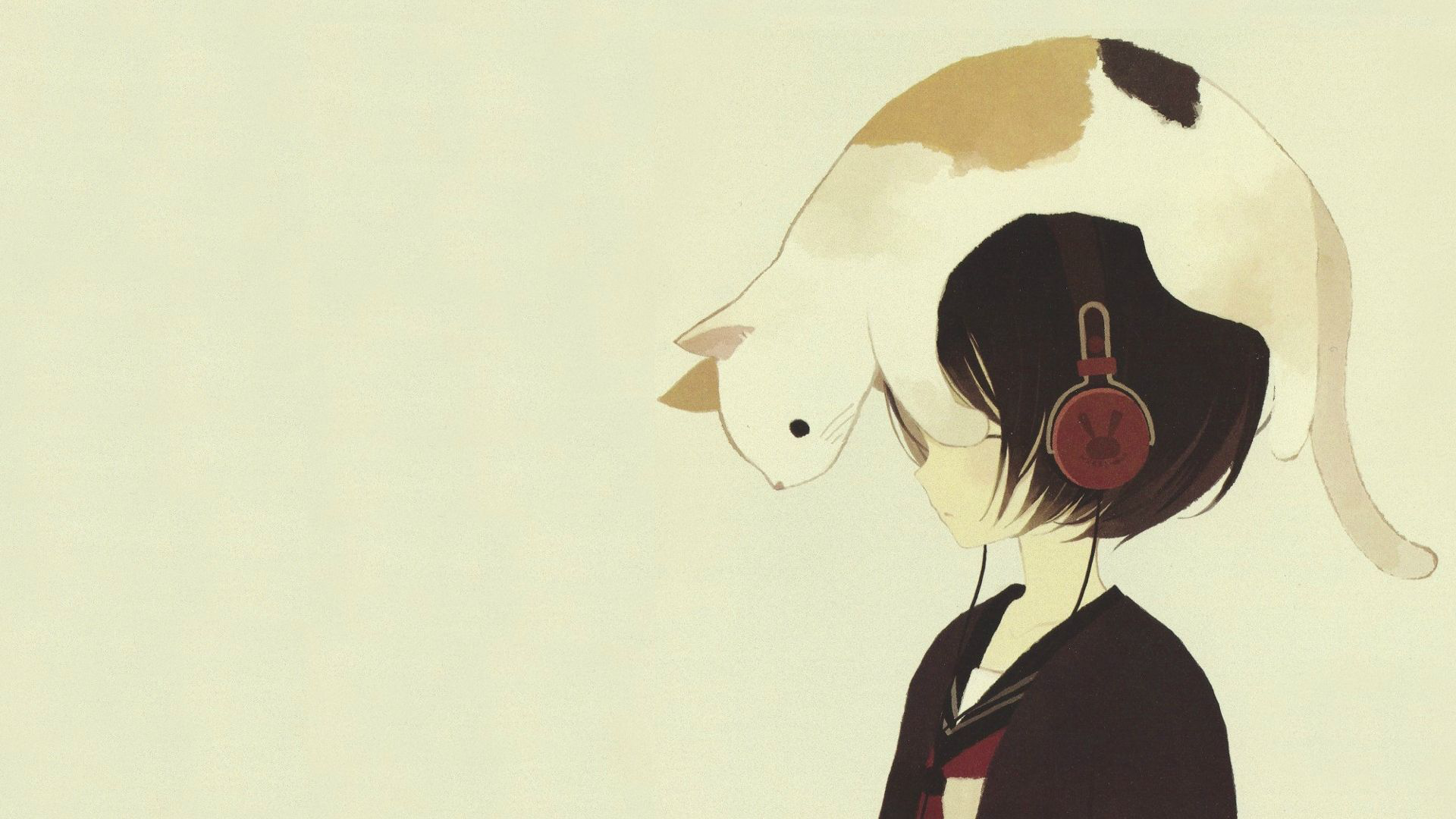 Anime 1920x1080 digital art sailor uniform short hair headphones side view cats drawn profile