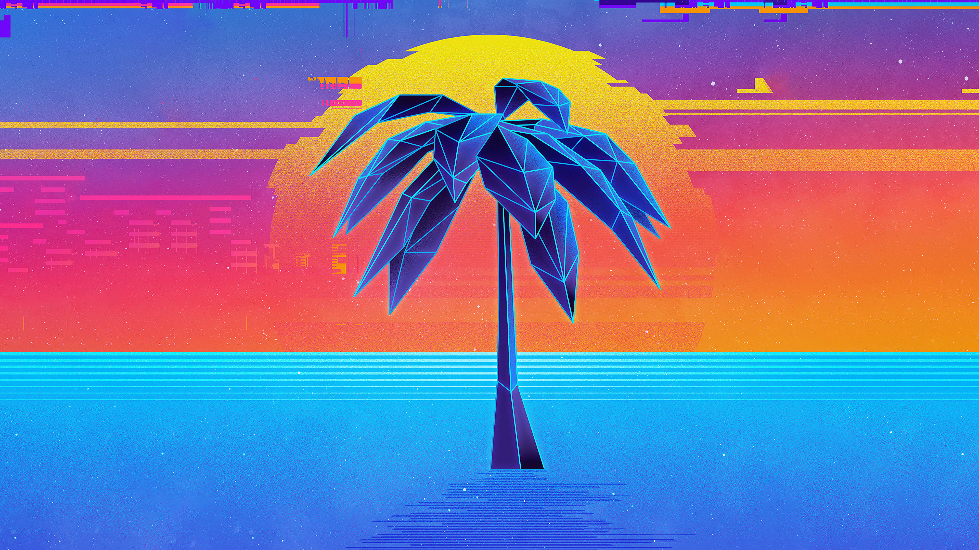 General 3840x2160 digital art artwork retro style neon vaporwave retrowave landscape lines palm trees synthwave 1980s