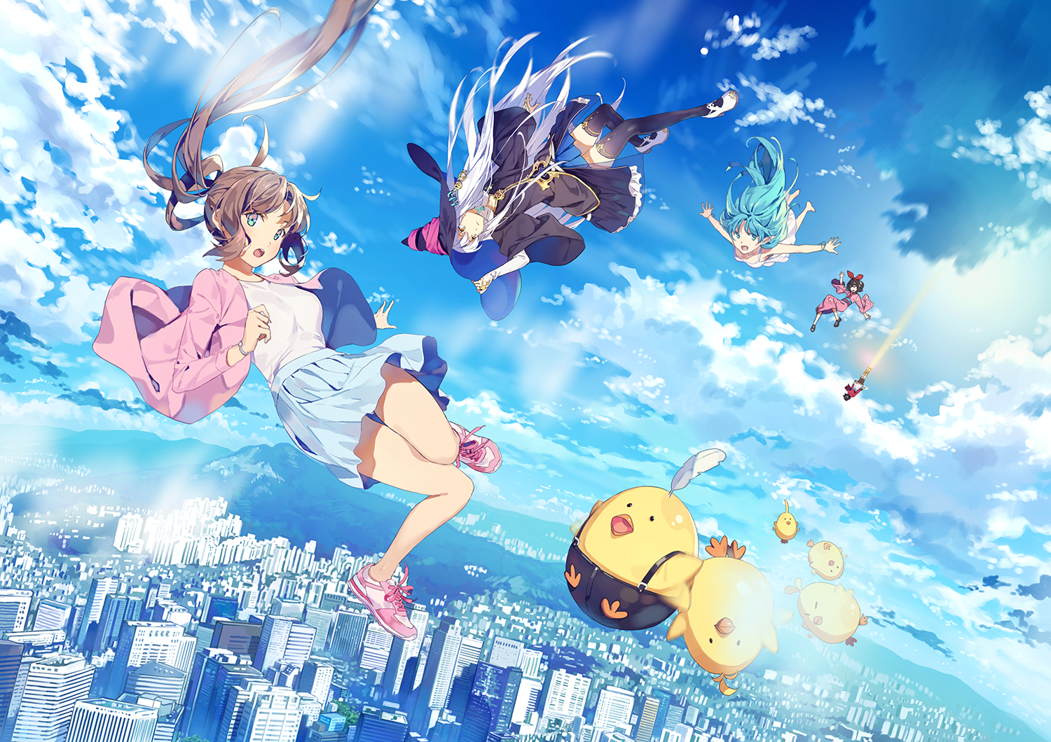 Anime 1500x1060 anime comic art anime girls falling cityscape clouds