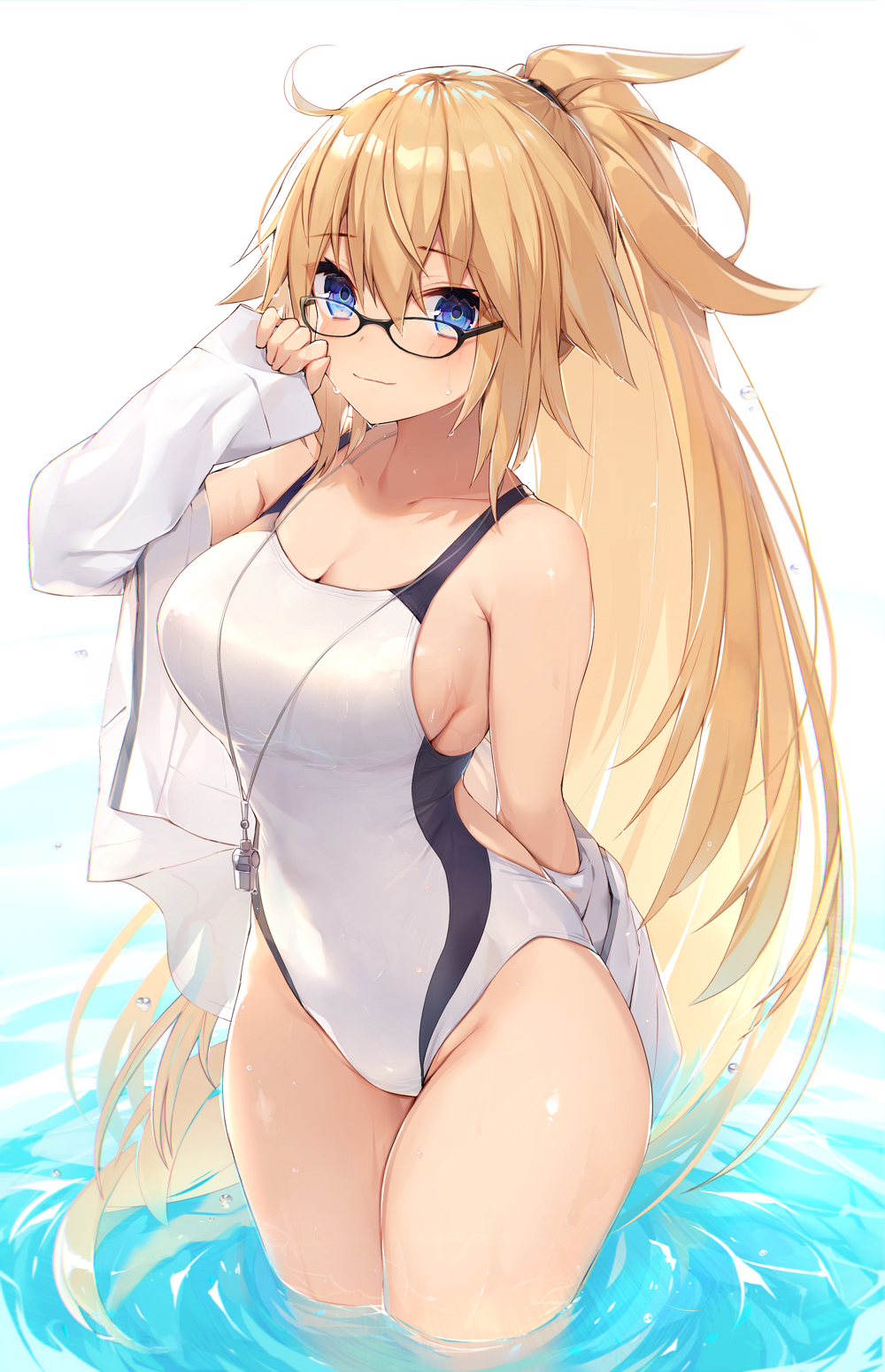 Anime 1000x1550 anime anime girls digital art artwork portrait display simple background bare shoulders glasses blonde ponytail blue eyes water Fate/Grand Order swimwear Jeanne (Alter) (Fate/Grand Order) Jeanne d'Arc (Fate) big boobs one-piece swimsuit smiling open shirt Fate series Muryotaro