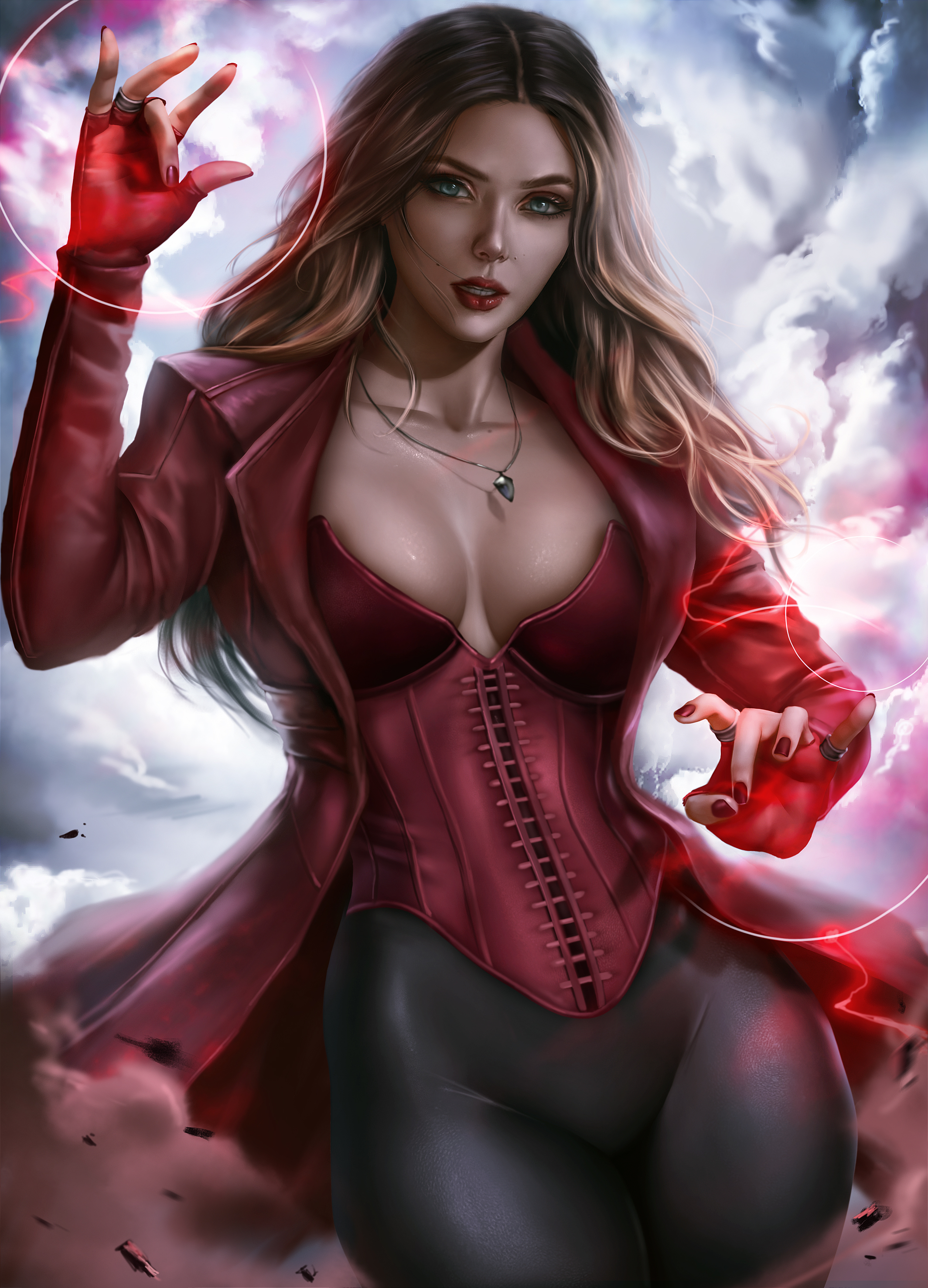 General 2128x2953 Scarlet Witch Marvel Comics Marvel Cinematic Universe superheroines women brunette long hair looking at viewer red lipstick necklace cleavage coats corset leggings fingerless gloves red nails painted nails fantasy girl fictional character fan art clouds Logan Cure vertical Elizabeth Olsen 