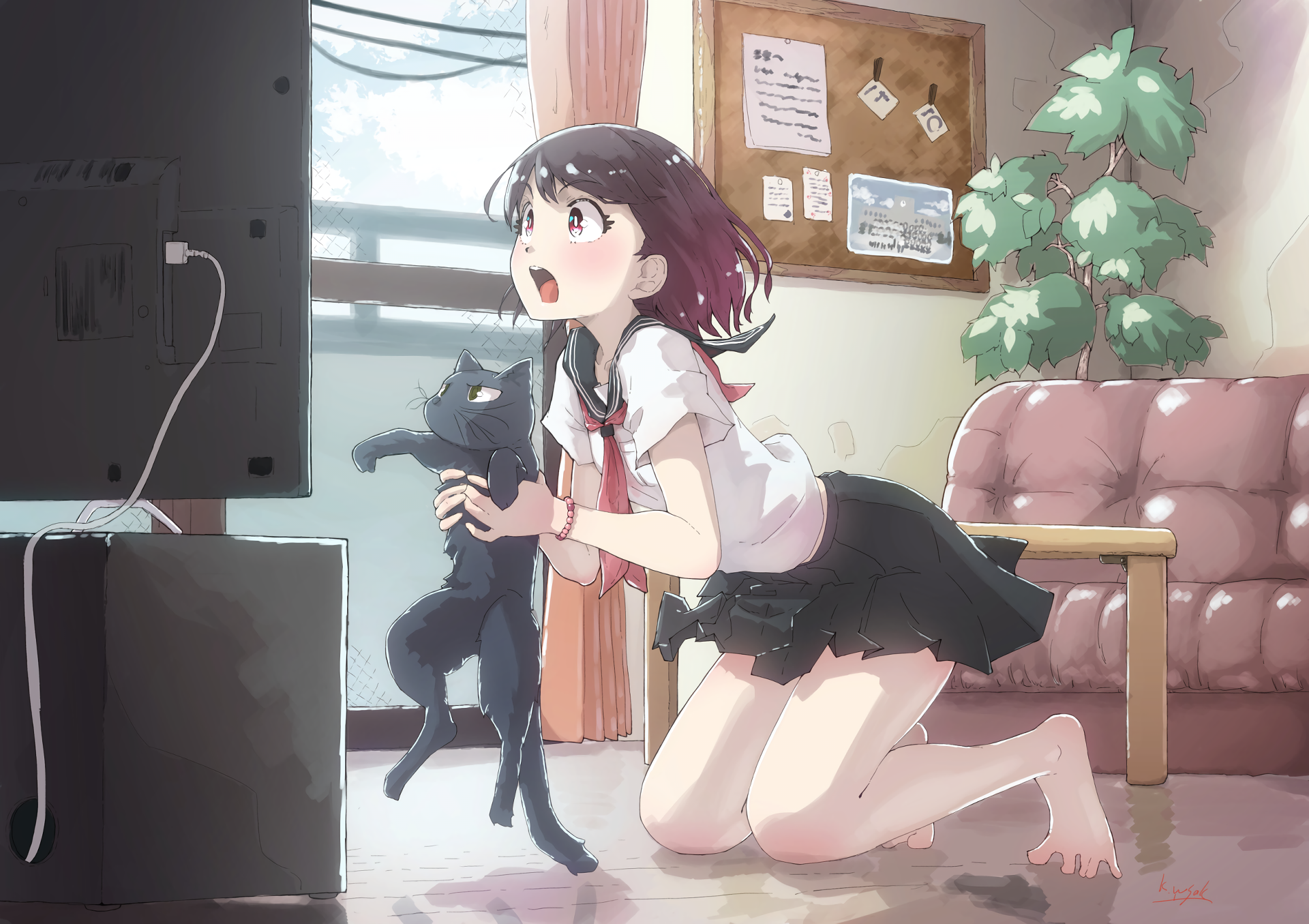 Anime 1920x1355 anime anime girls cats TV barefoot school uniform kneeling Kagawa Yuusaku