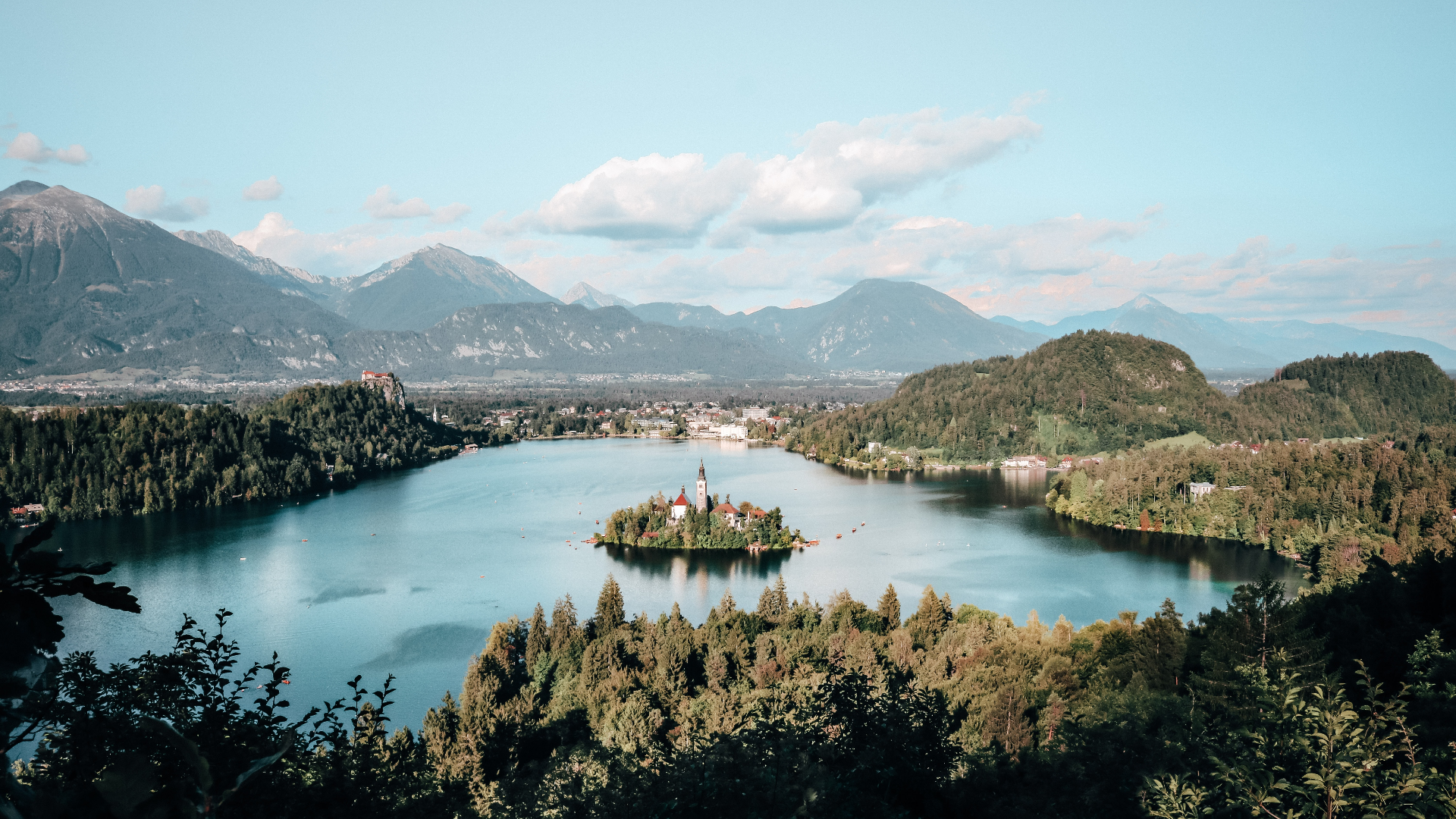 General 1920x1080 nature landscape mountains sky clouds lake water trees village Slovenia Lake Bled island
