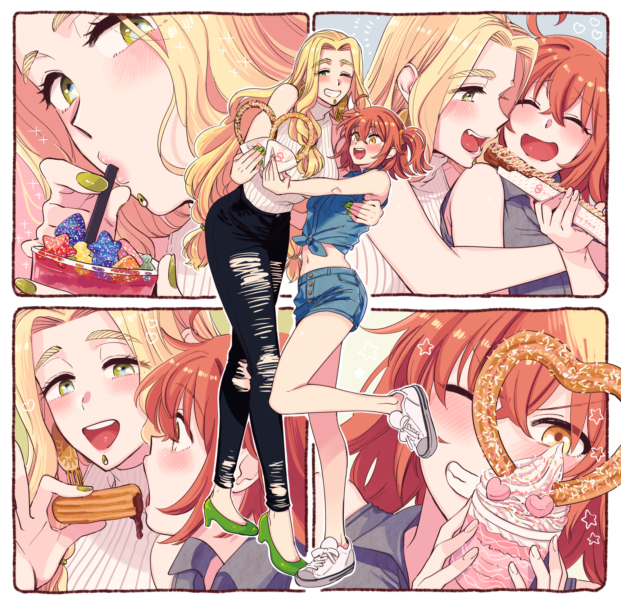 Anime 2000x1945 Fate series Fate/Grand Order anime girls couple yuri big boobs small boobs bare shoulders mature women hugging closed eyes one eye closed open mouth jean shorts torn jeans white sweater anime girls eating heels thighs belly button long hair short hair denim shirt white shoes curvy arched back redhead ponytail smiling alternate costume 2D Quetzalcoatl (FGO) Fujimaru Ritsuka sideboob thick thigh anime looking at viewer hair in face blushing embarrassed green eyes orange eyes pink nails green nails fan art blonde