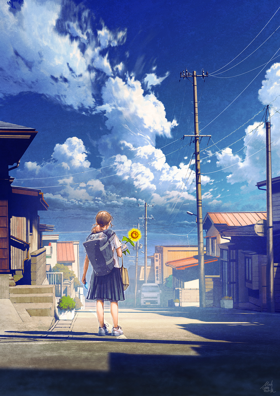 Anime 918x1298 anime anime girls digital art artwork 2D portrait display urban sky clouds street outdoors flowers plants sunflowers Mocha