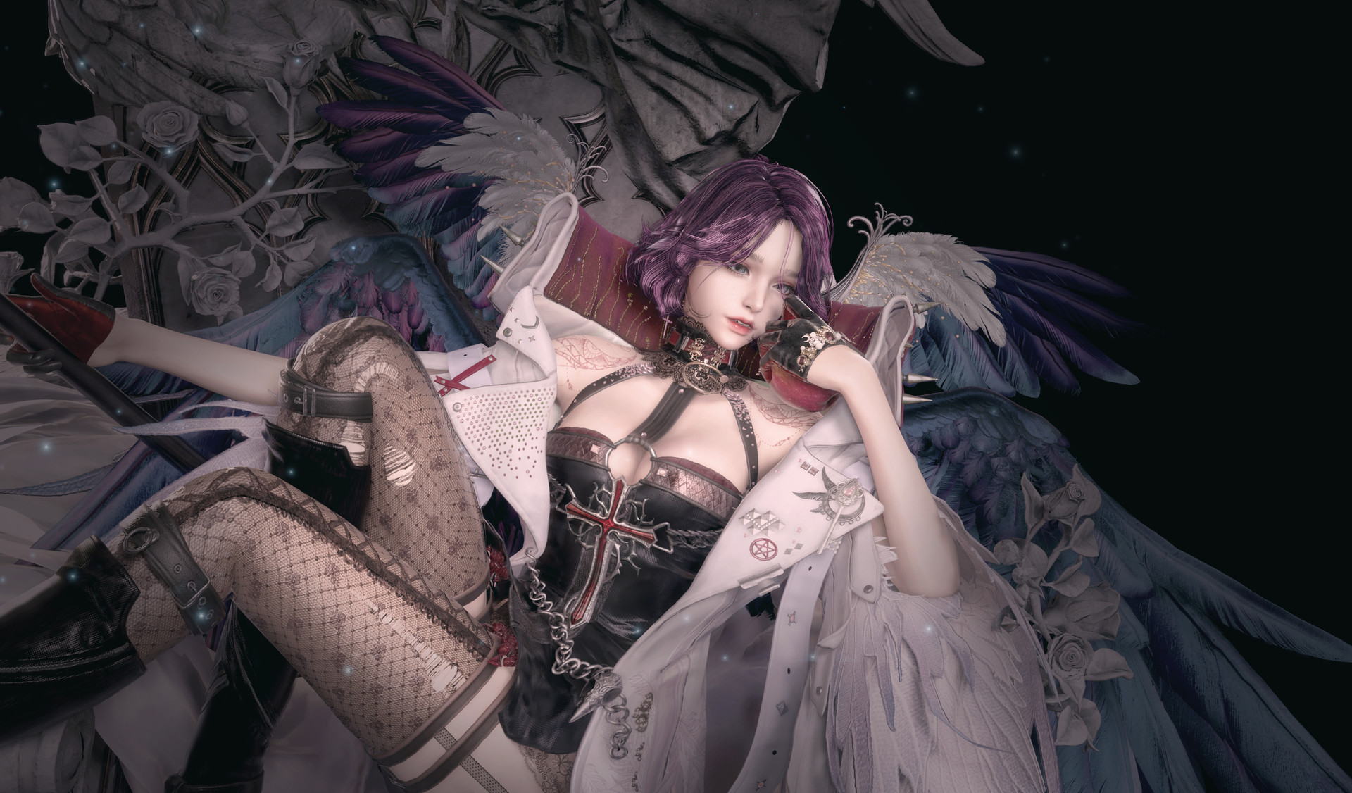 General 1920x1126 Dungeon and Fighter wings purple hair digital art thigh-highs