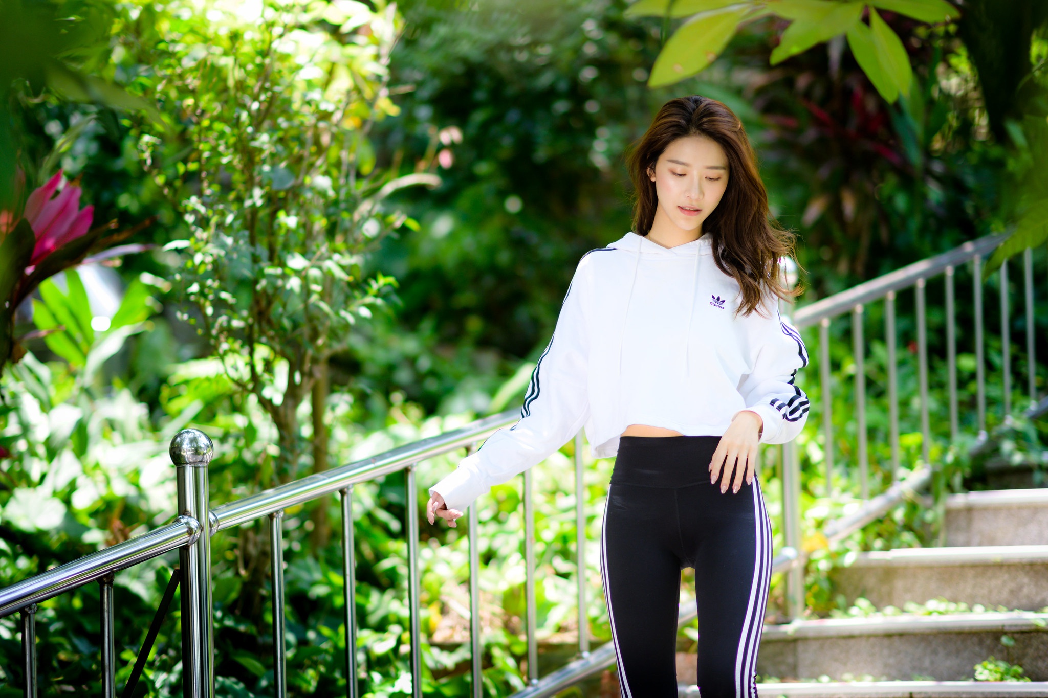 People 2048x1365 Asian women model long hair brunette jogging pants bushes leaves railing stairs hoods sweatshirts
