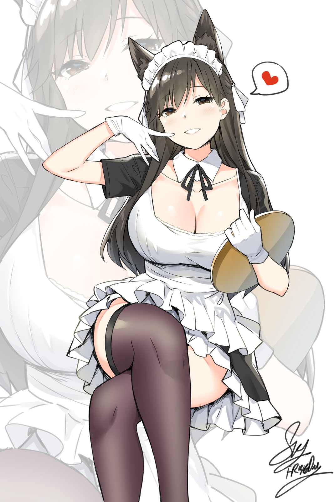 Anime 1067x1600 anime girls portrait display maid outfit Azur Lane Atago (Azur Lane) anime speech bubble plates legs crossed smiling sitting looking at viewer animal ears