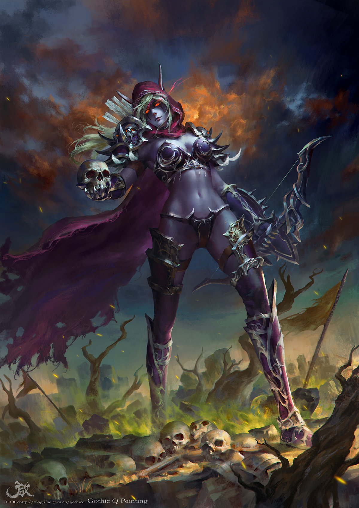 General 1200x1697 video games Sylvanas Windrunner World of Warcraft Archers skull armor portrait display women elves Forsaken (character) drawing PC gaming video game girls fantasy art fantasy girl belly glowing eyes red eyes video game art bow archer hoods cape long eyebrows