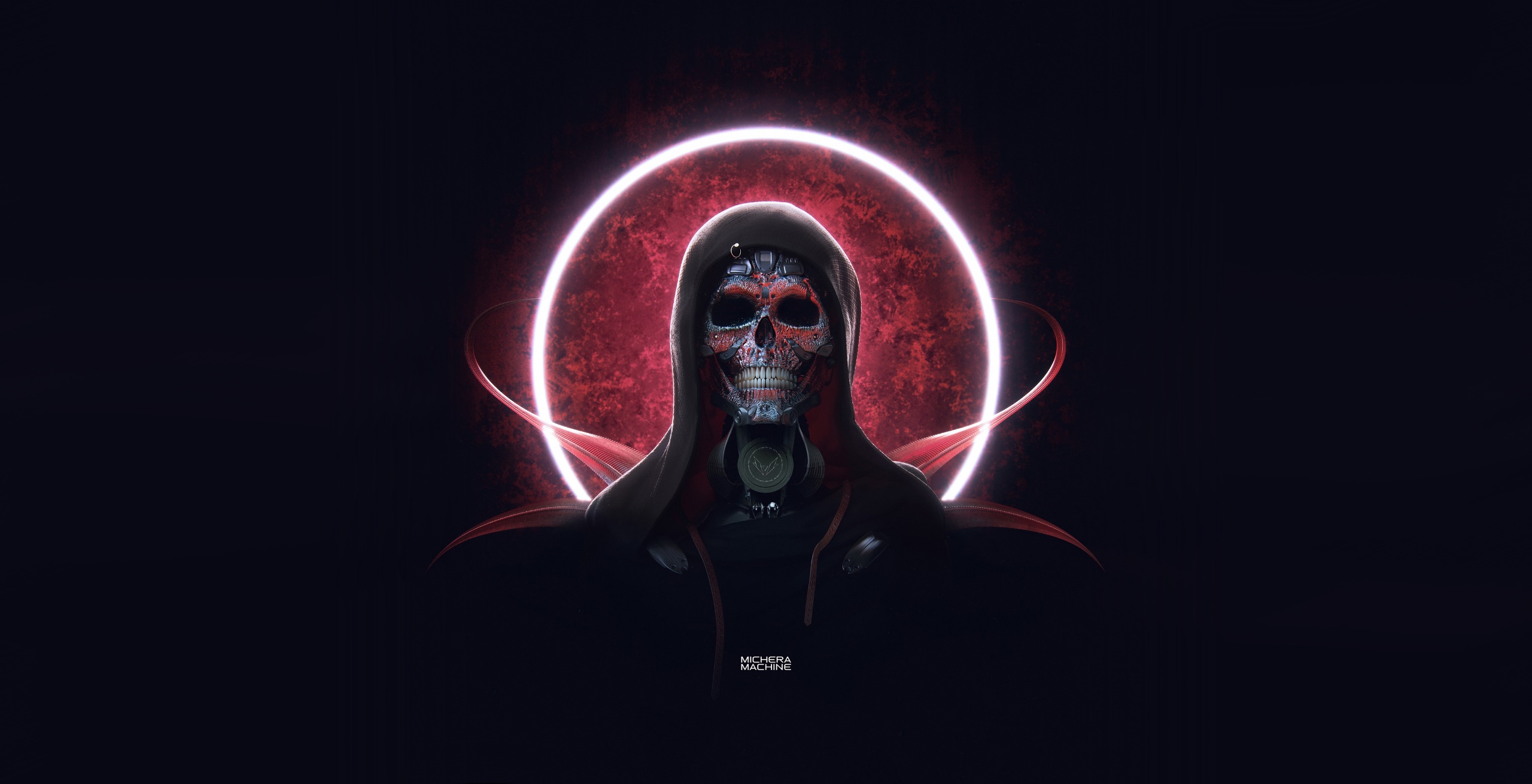 General 2560x1311 skull dark artwork Michael Michera red circle black background digital art watermarked simple background