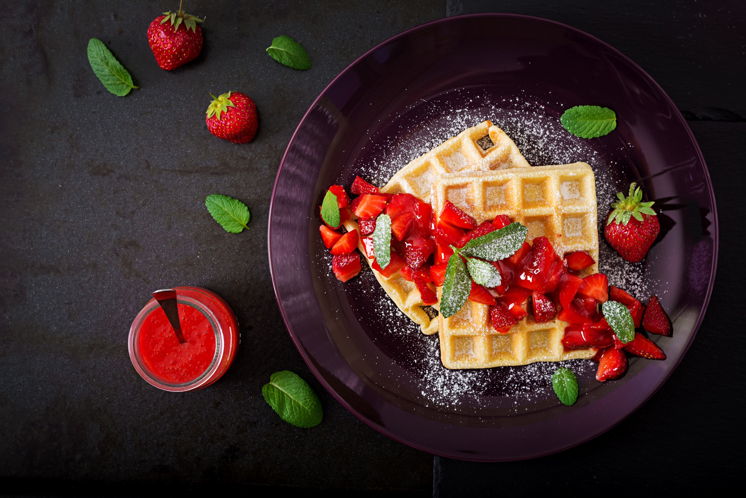 General 2560x1707 waffles fruit food still life strawberries mint leaves sugar plates