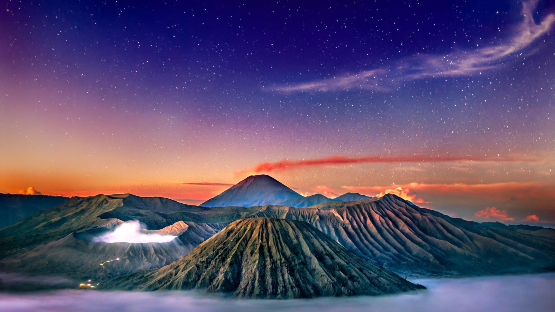 General 1920x1080 volcano stars landscape Mount Bromo Indonesia Java (island)