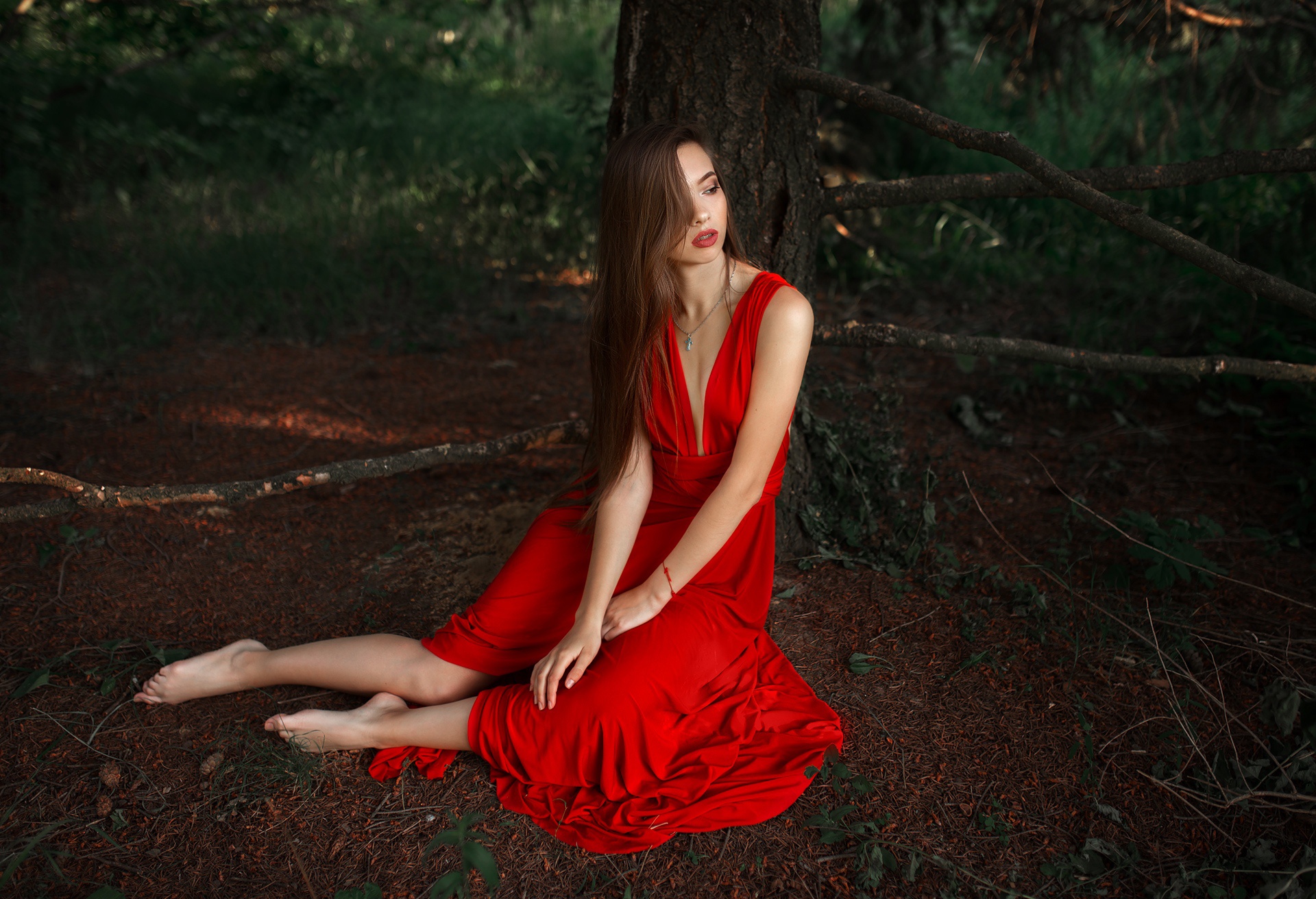 People 1920x1312 women red dress barefoot dress model brunette long hair women outdoors sitting Albert Lesnoy