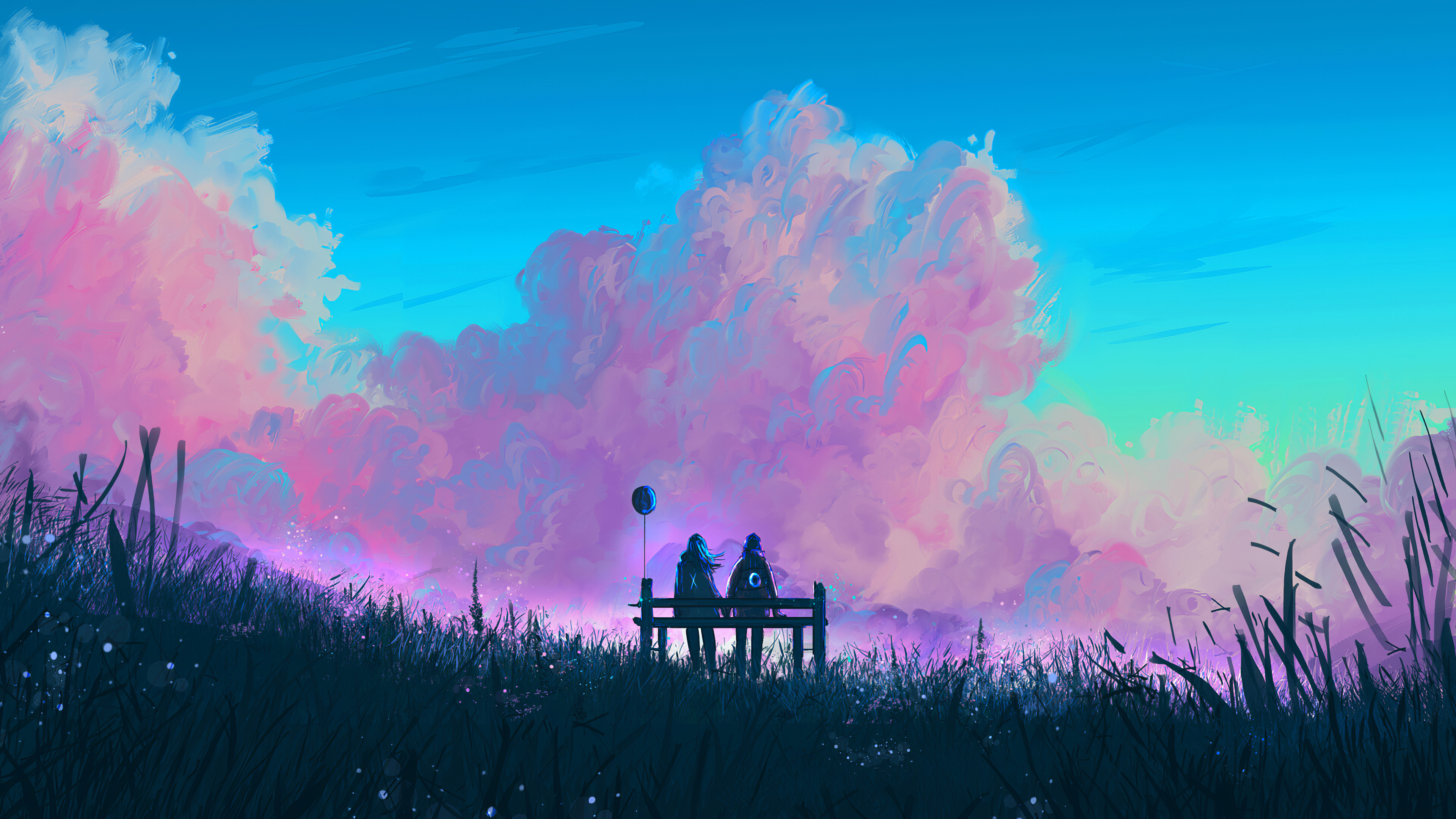 General 3840x2160 digital art artwork illustration landscape clouds pink digital painting nature sky skyscape people couple sitting grass environment concept art outdoors plants Nafay balloon bench Muhammad Nafay