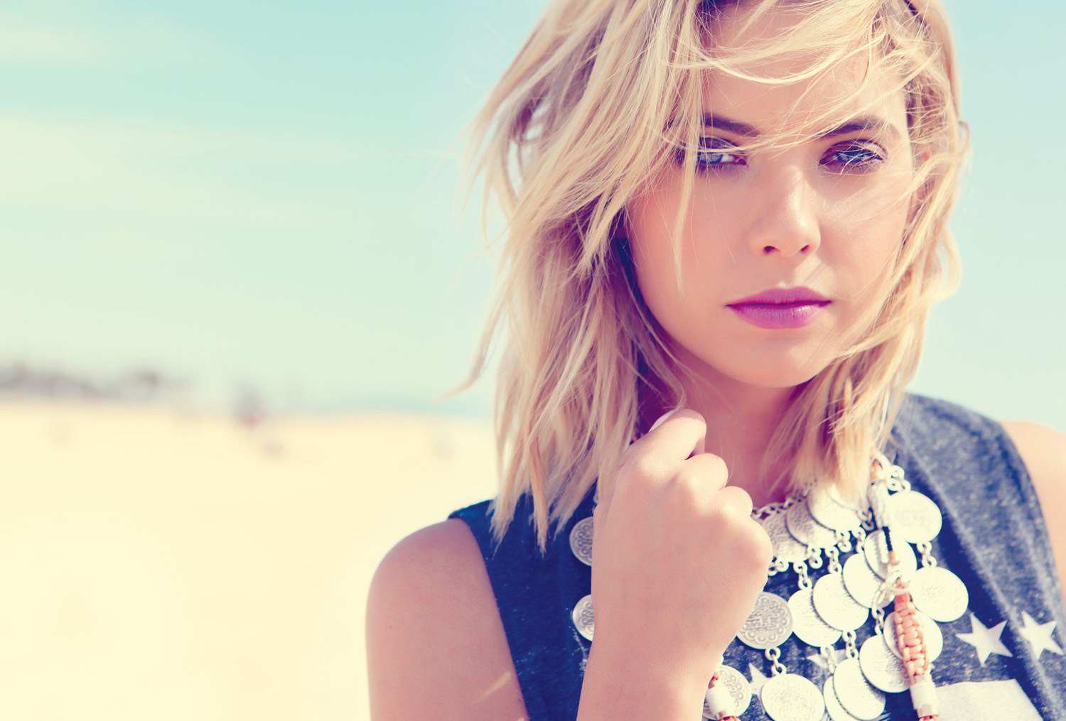 People 1500x1015 Ashley Benson women model actress blonde blue eyes shoulder length hair beach sky