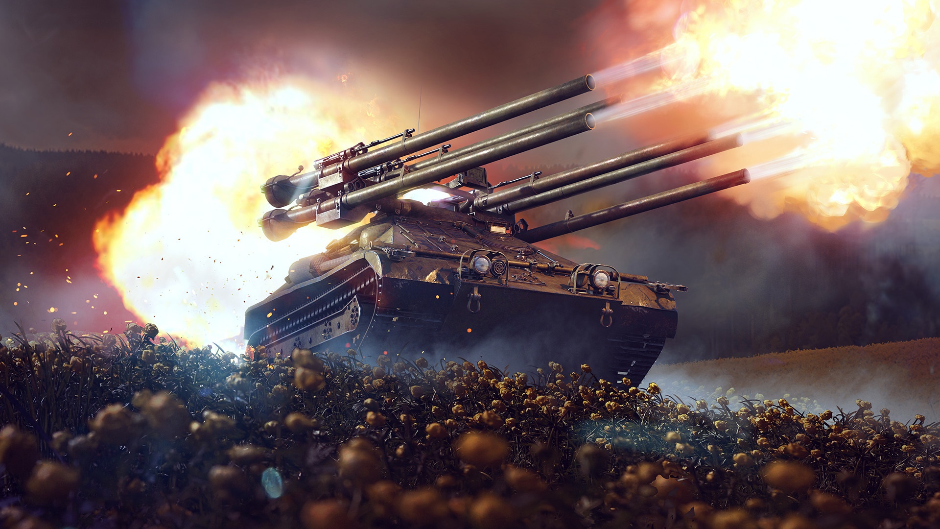 General 1920x1080 video games video game art digital art rocket launchers tank fire war flowers War Thunder military military vehicle M50 Ontos