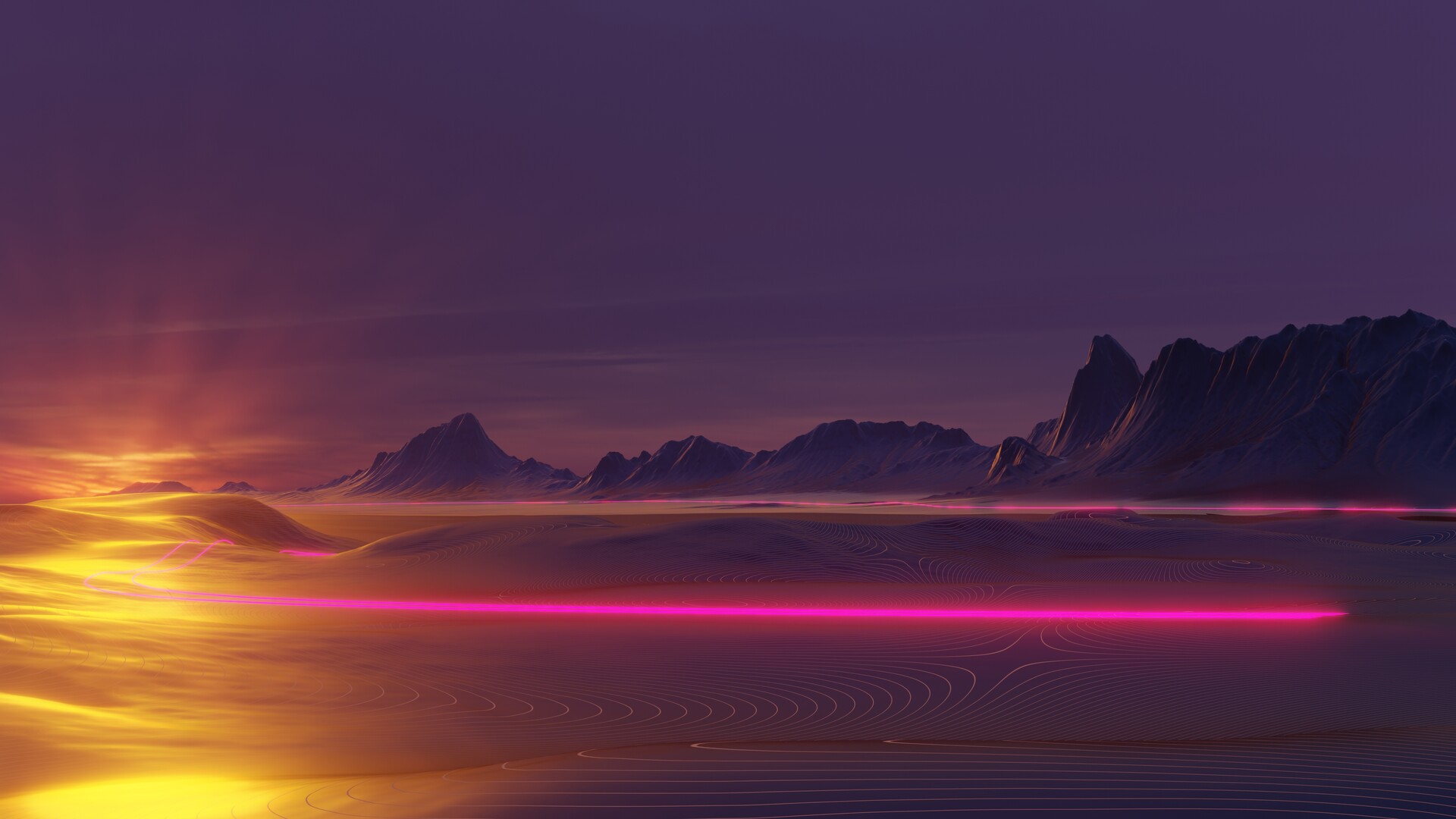 General 1920x1080 artwork retrowave vaporwave neon sunset mountains sand desert landscape digital art CGI science fiction OutRun synthwave cyberpunk