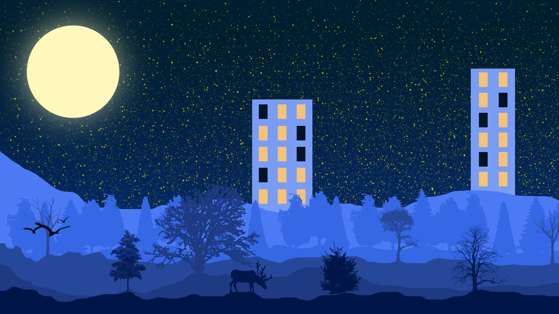 General 1920x1080 digital art artwork minimalism blue building block of flats Moon moonlight stars night trees birds deer forest full moon