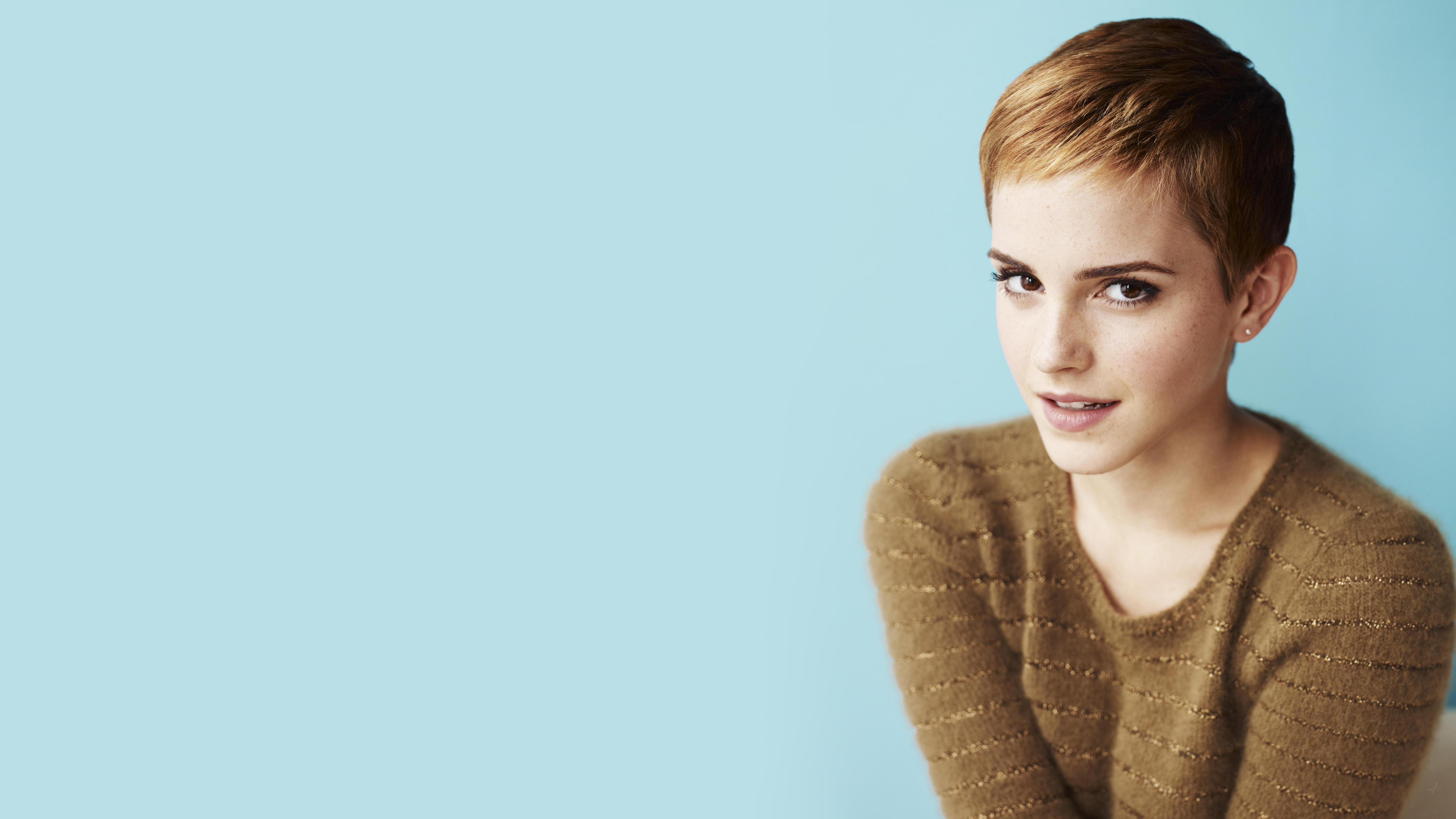 People 5120x2880 Emma Watson blonde actress closeup women cyan background simple background