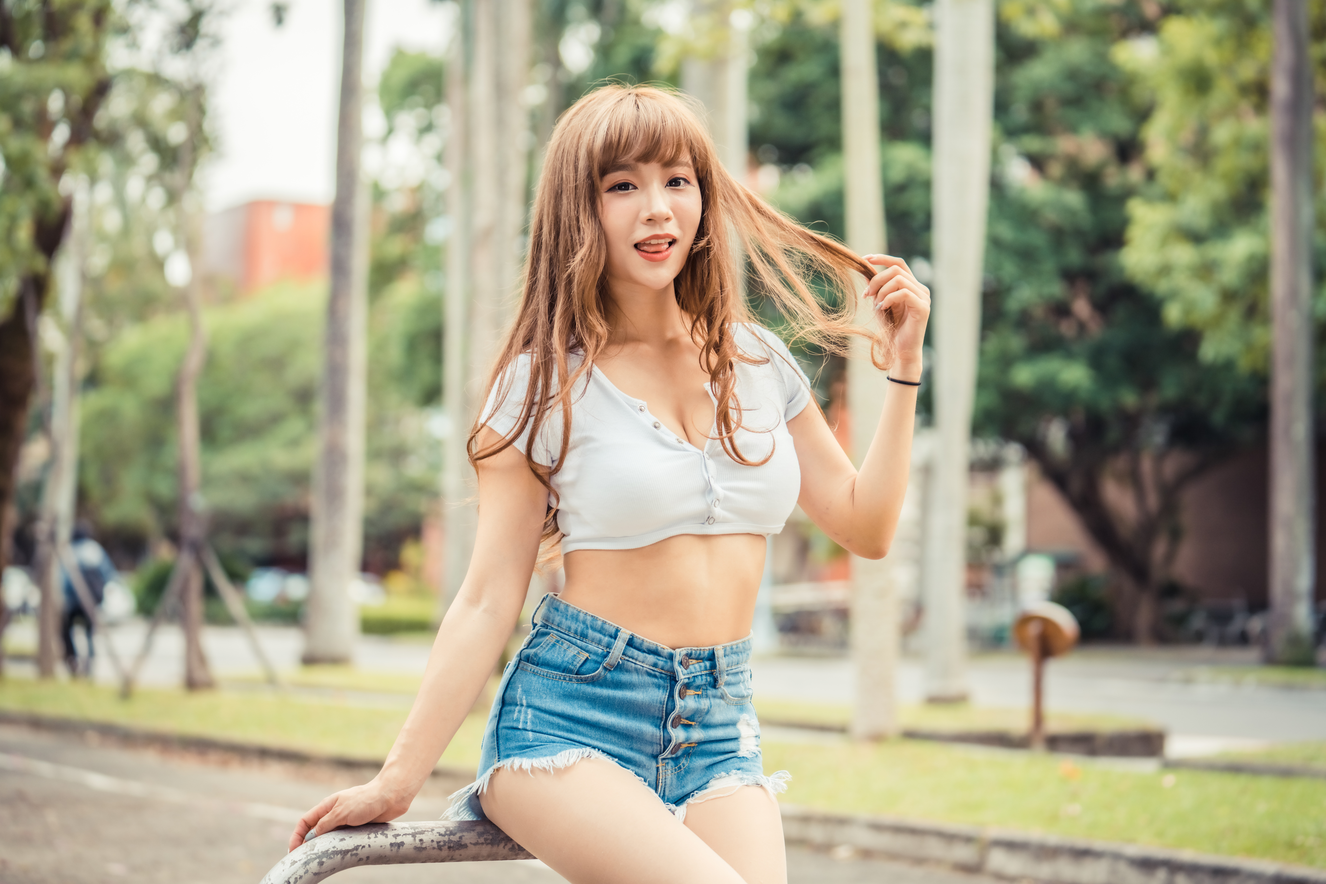 People 4500x3000 Asian women model brunette looking at viewer touching hair bangs tongues white tops cleavage short shorts jean shorts denim sitting depth of field portrait women outdoors outdoors belly