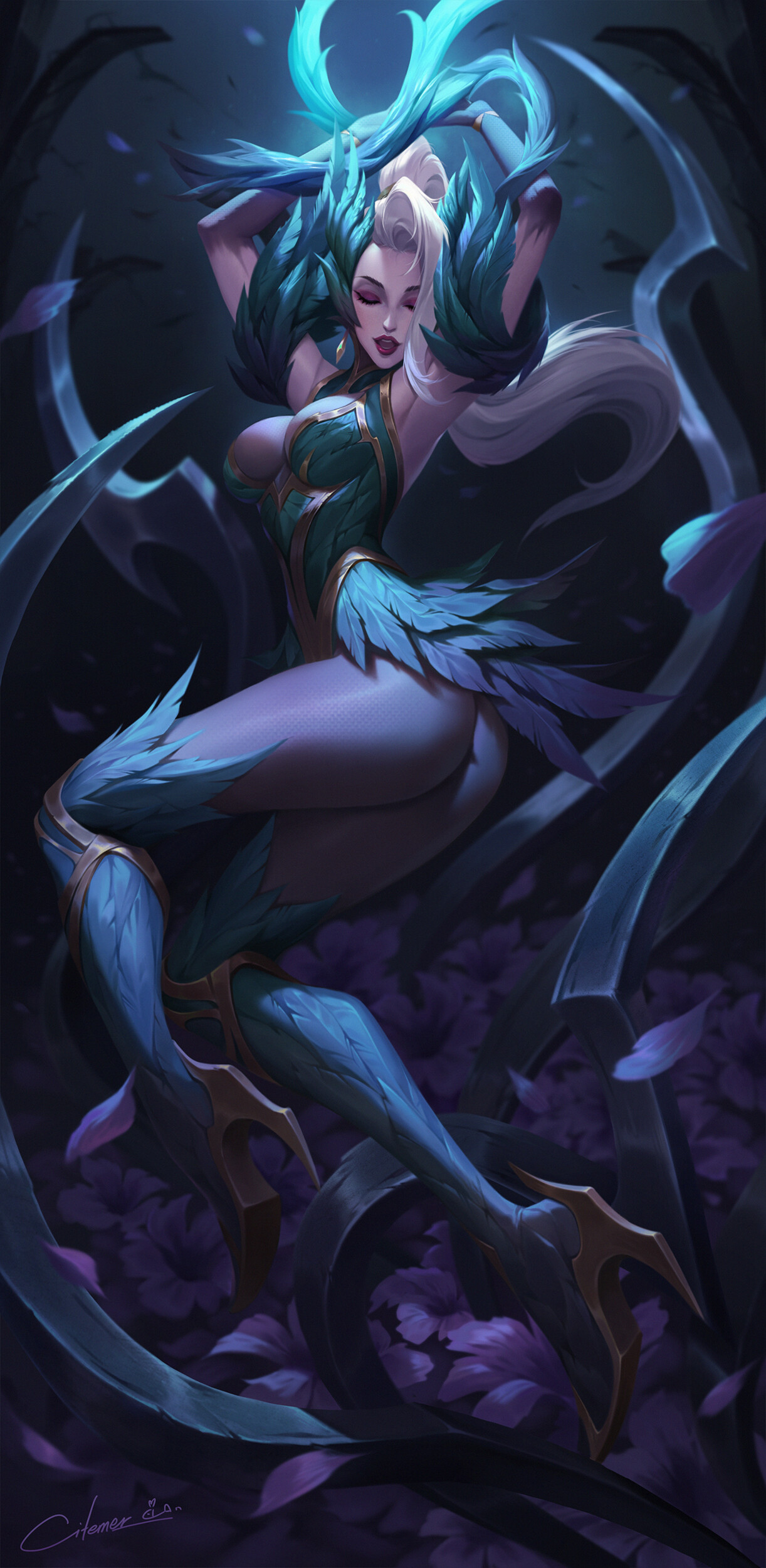 General 1222x2500 Citemer Liu drawing women Zyra (League of Legends) League of Legends thorns cleavage dress green clothing feathers blue high heels leaves digital art