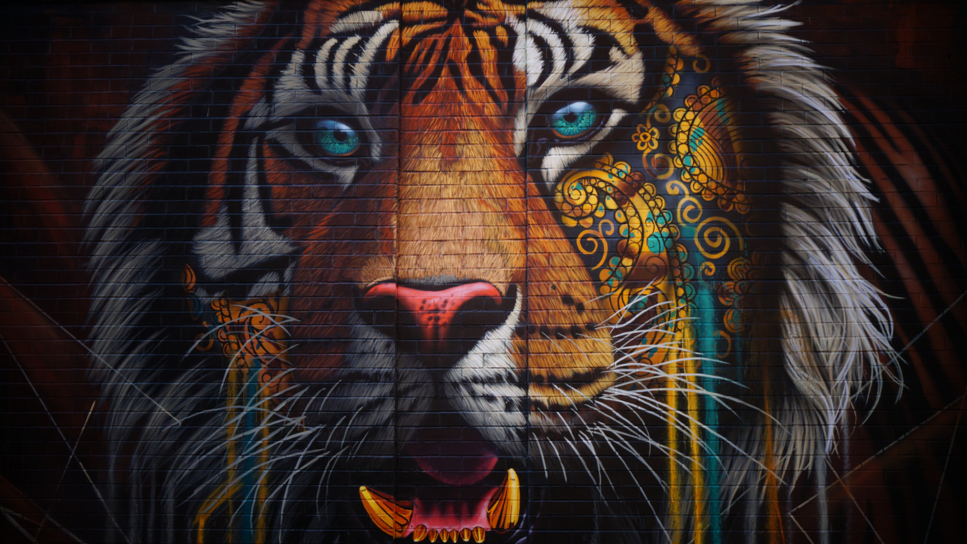 General 1920x1080 artwork colorful graffiti wall bricks animals tiger ornamented fangs wild cat street art