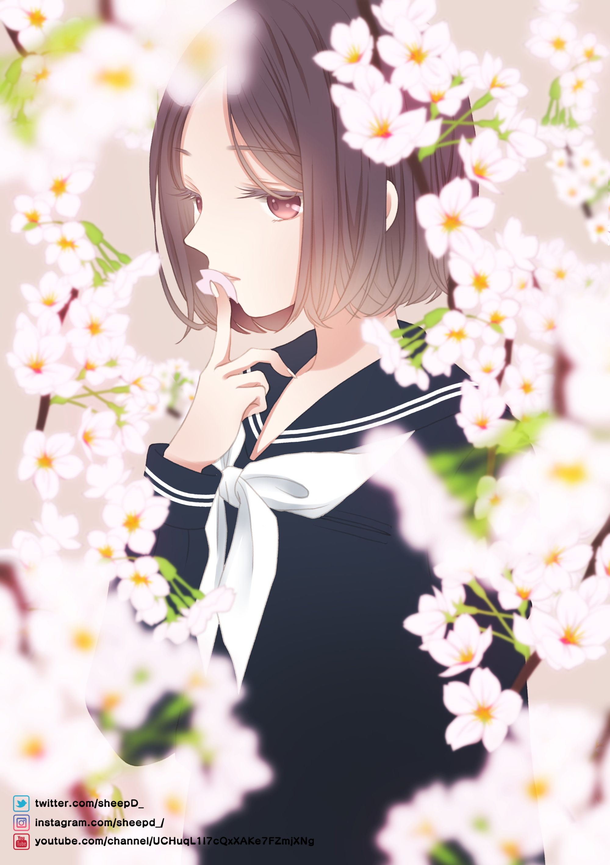 Anime 2000x2833 anime anime girls digital art artwork 2D portrait display Sheepd cherry blossom brown eyes brunette short hair school uniform