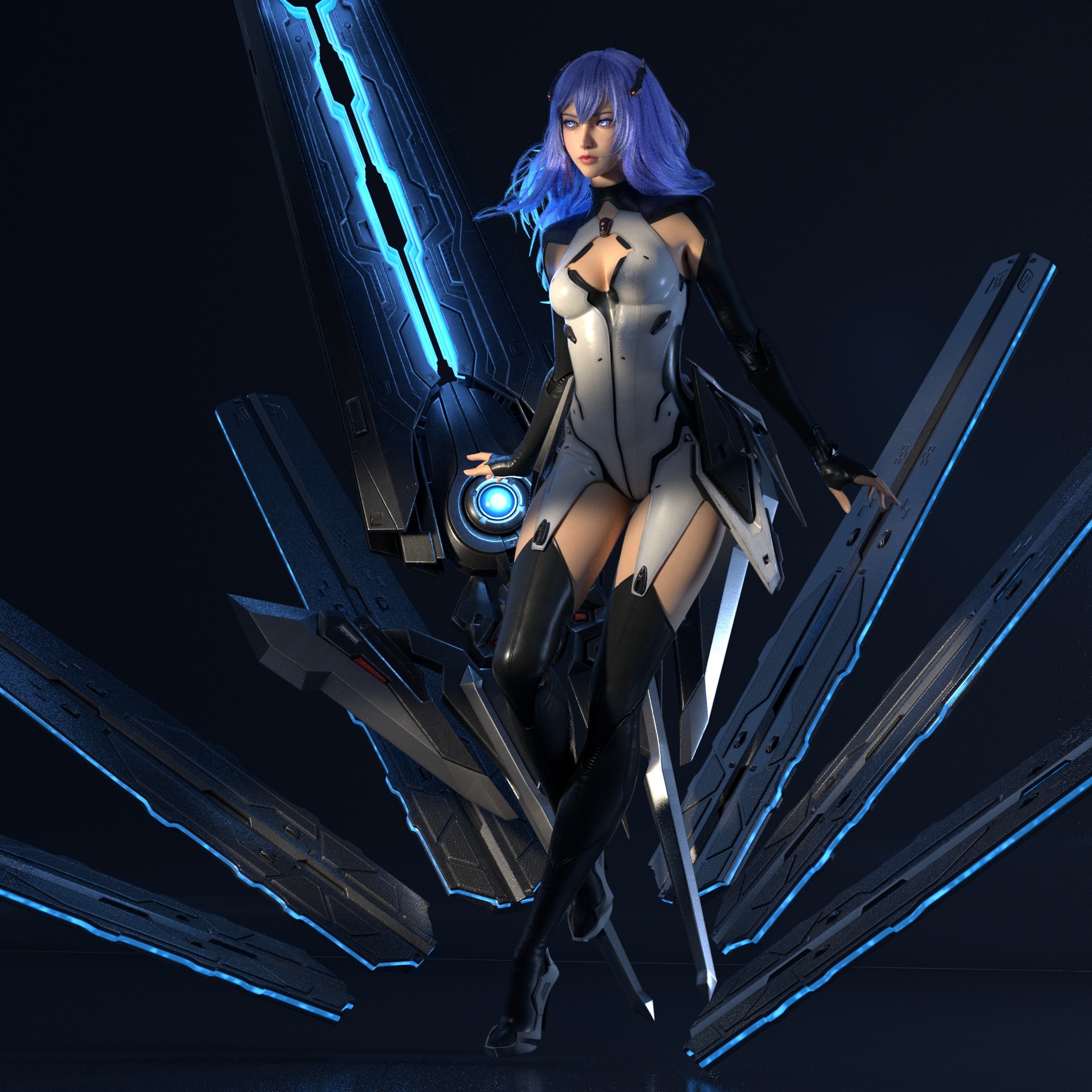 Anime 2048x2048 Huifeng Huang CGI Beatless Lacia Type-005 Lacia  women blue hair long hair crystal  bodysuit blue eyes hair accessories simple background androids
