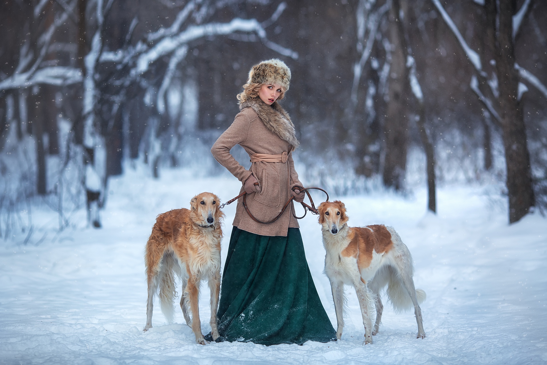 People 1920x1280 women dog winter snow animals cold mammals women outdoors fur cap green dress coats fur women with dogs dress