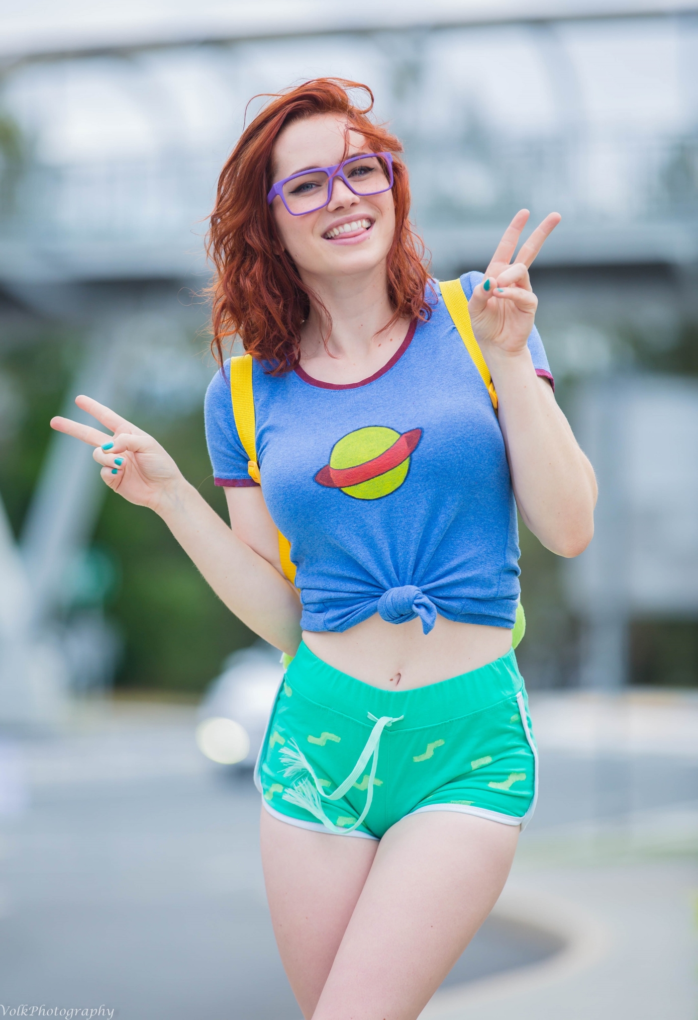 People 1389x2028 Nichameleon women model redhead fake glasses cosplay T-shirt short shorts belly looking at viewer smiling painted nails peace sign victory sign
