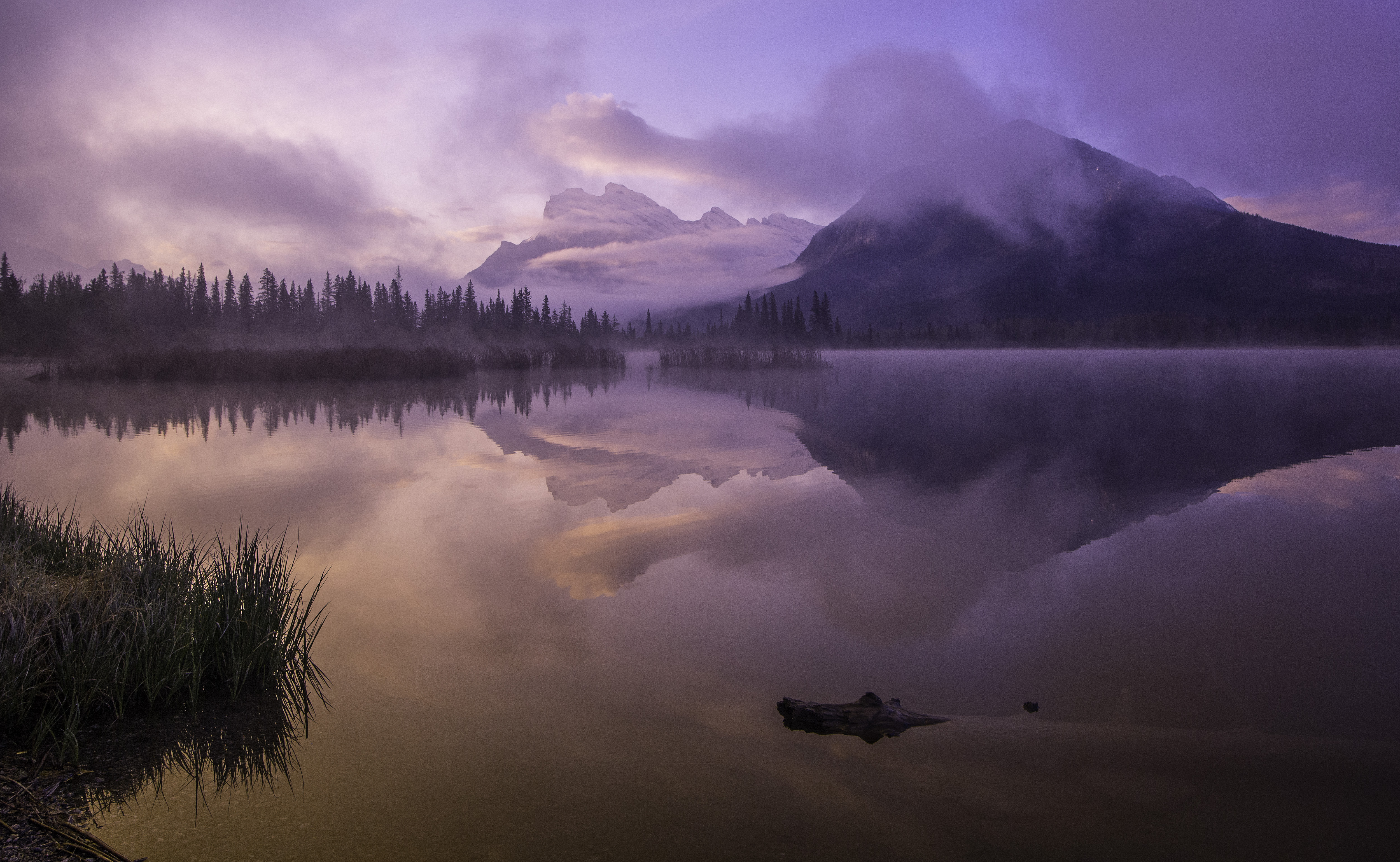 General 5000x3079 mountains sunrise violet water mist clear sky fir
