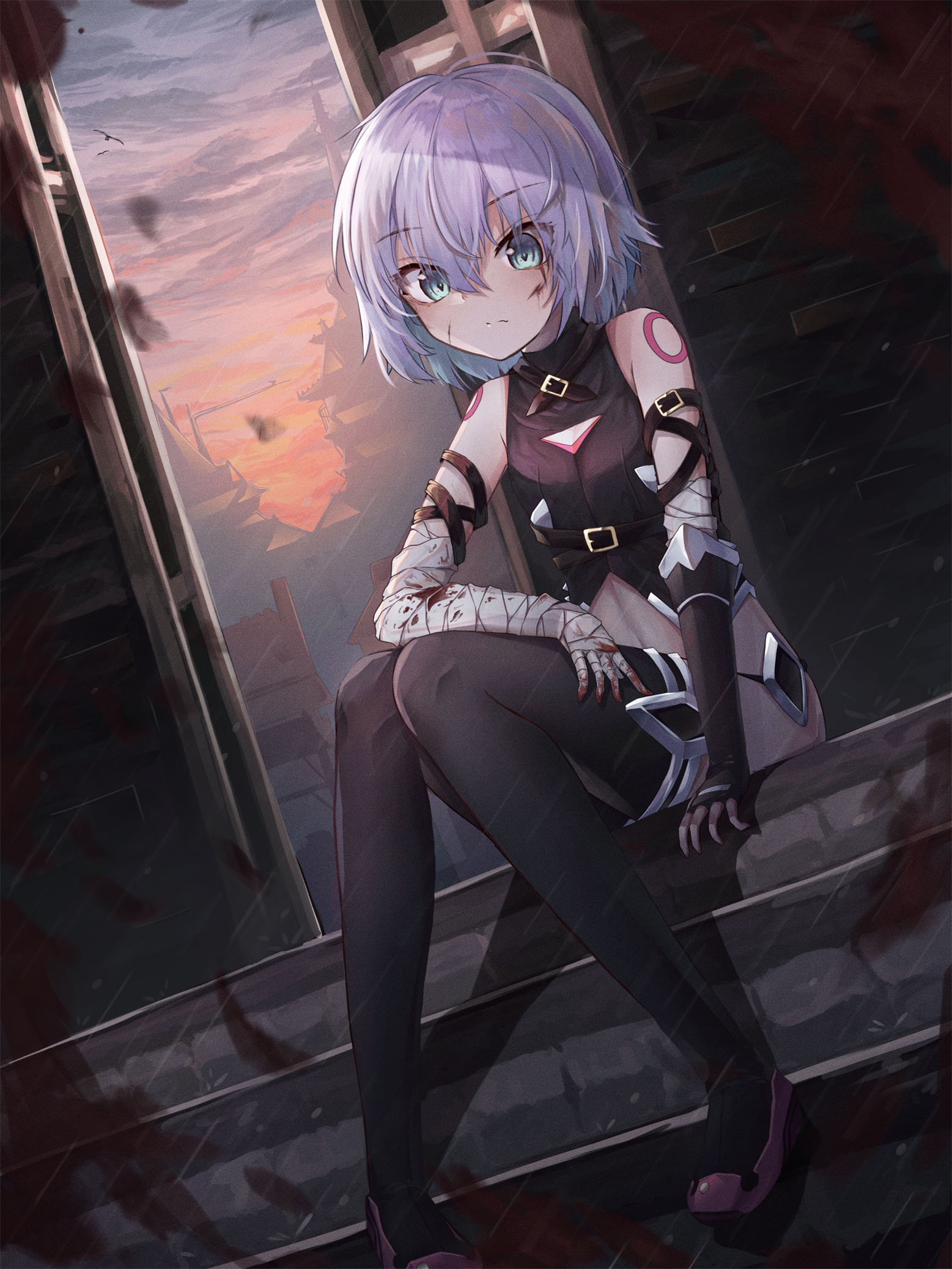 Anime 1557x2075 Fate series Fate/Apocrypha  anime girls Jack the Ripper (Fate/Apocrypha) Assassin of Black loli gray hair 2D small boobs short hair thighs black stockings bandages blood aqua eyes scars Fate/Grand Order fan art