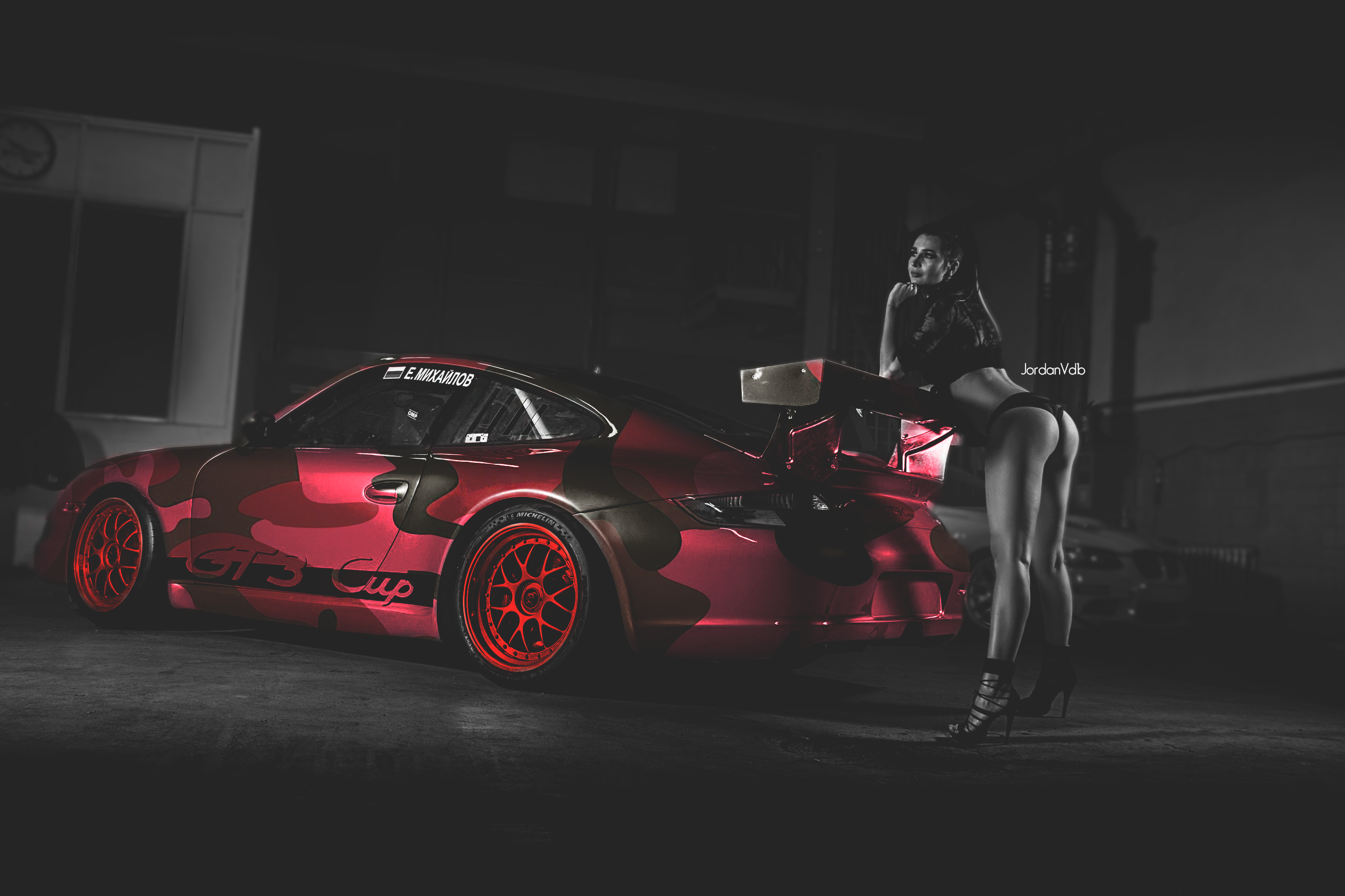 People 2560x1706 photo manipulation photoshopped car women women with cars selective coloring legs back ass high heels panties lingerie resting head bent over BMW colored wheels Porsche 911 GT3 R BMW E92 Porsche 911 BMW 3 Series standing