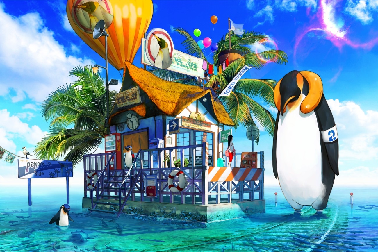 Anime 1300x867 Kyoung Hwan Kim penguins sea tropical railway palm trees artwork seagulls balloon anime colorful