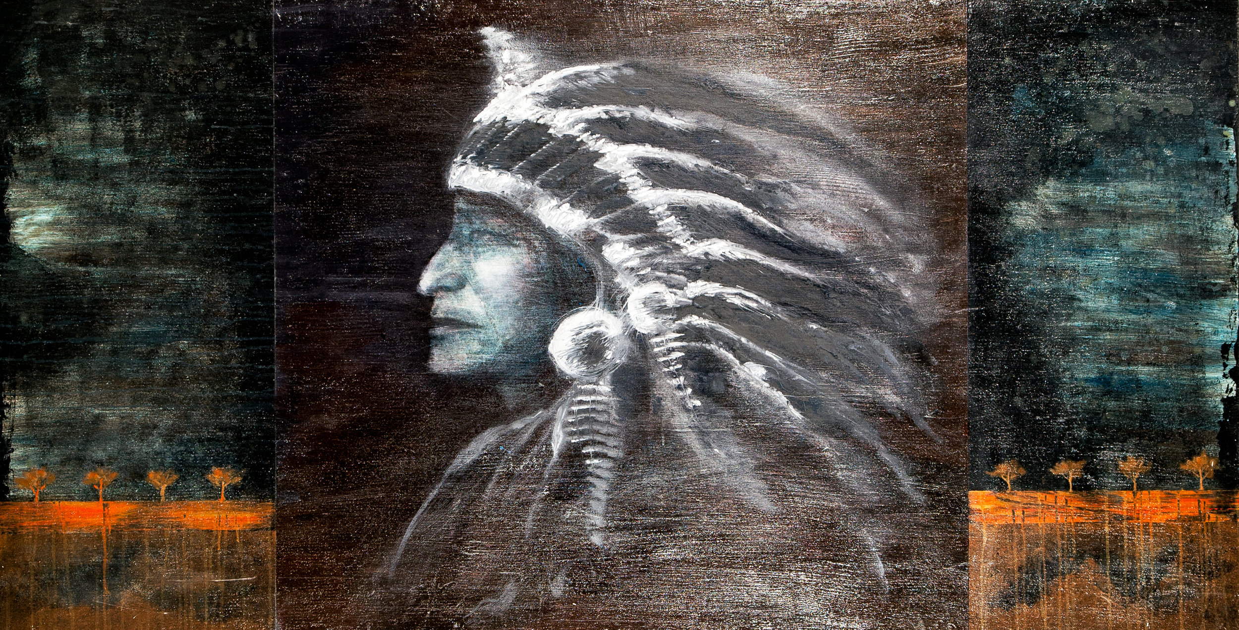 General 2500x1271 digital art artwork face Native Americans feathers chief painting abstract profile grunge