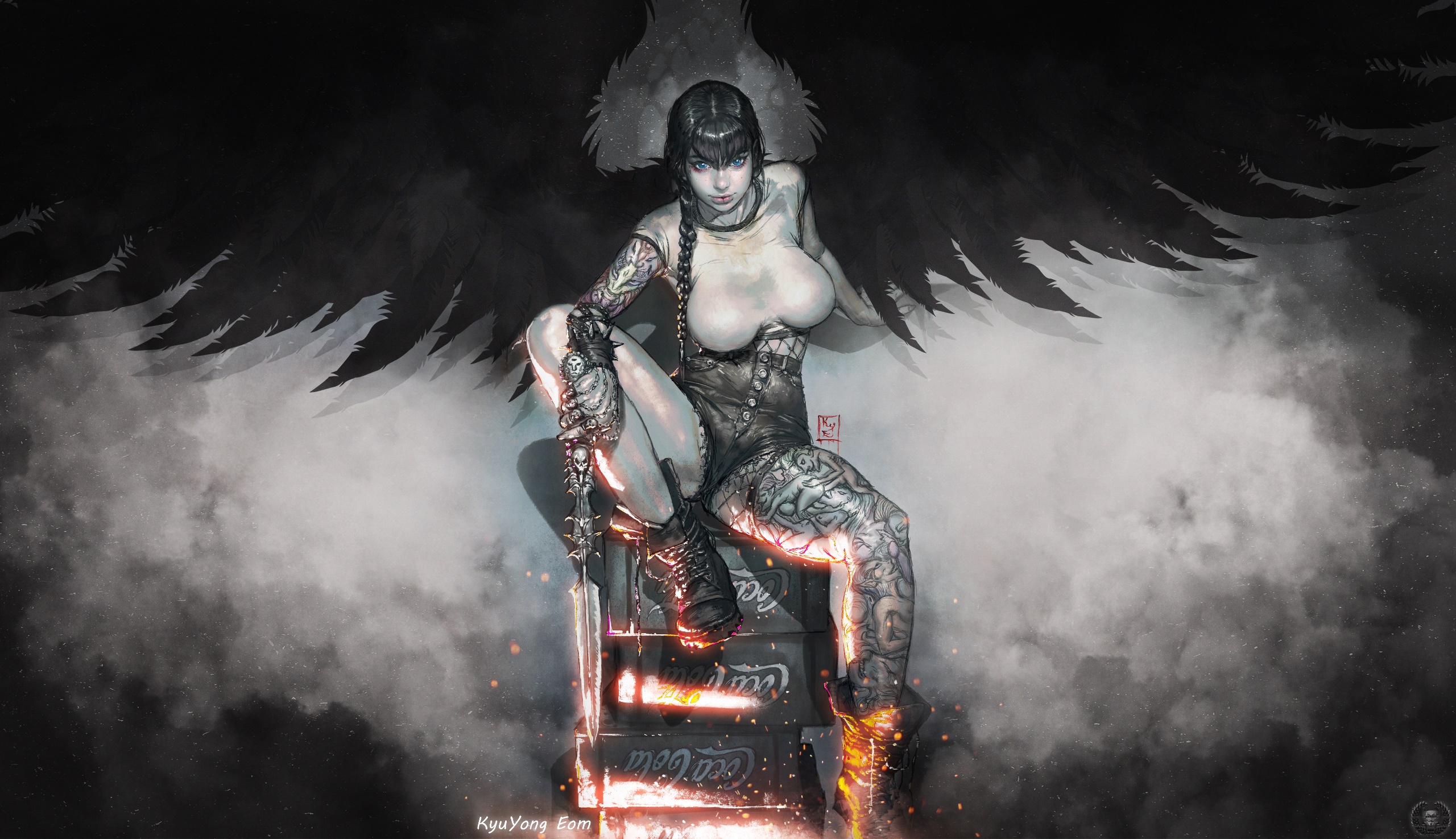 General 2560x1475 angel fantasy art fantasy girl big boobs illustration KyuYong Eom tattoo missing sock