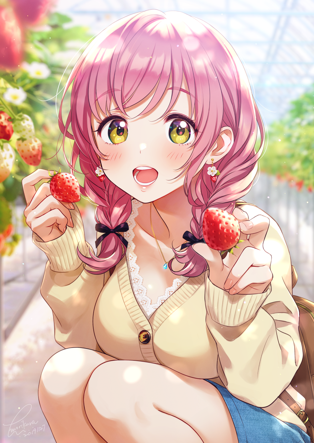Anime 1003x1417 anime anime girls digital art artwork 2D portrait display yellow eyes strawberries fruit food pink hair braids squatting Morikura En