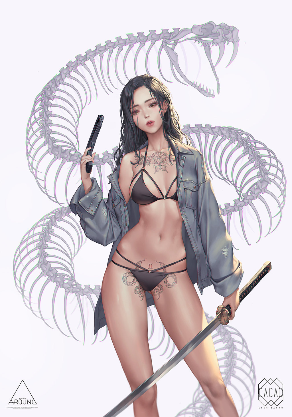 General 1024x1461 Lovecacao drawing women long hair wet hair tattoo jacket lingerie straps bra panties bones pistol