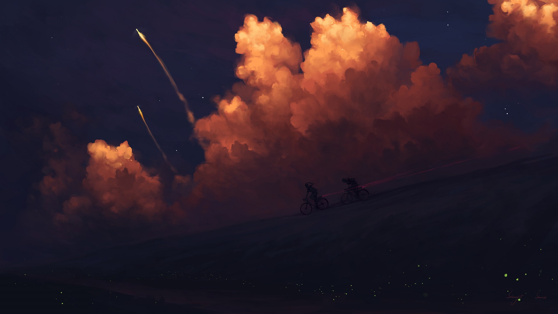 General 1920x1080 BisBiswas rocket sunset clouds hills bicycle fireflies artwork