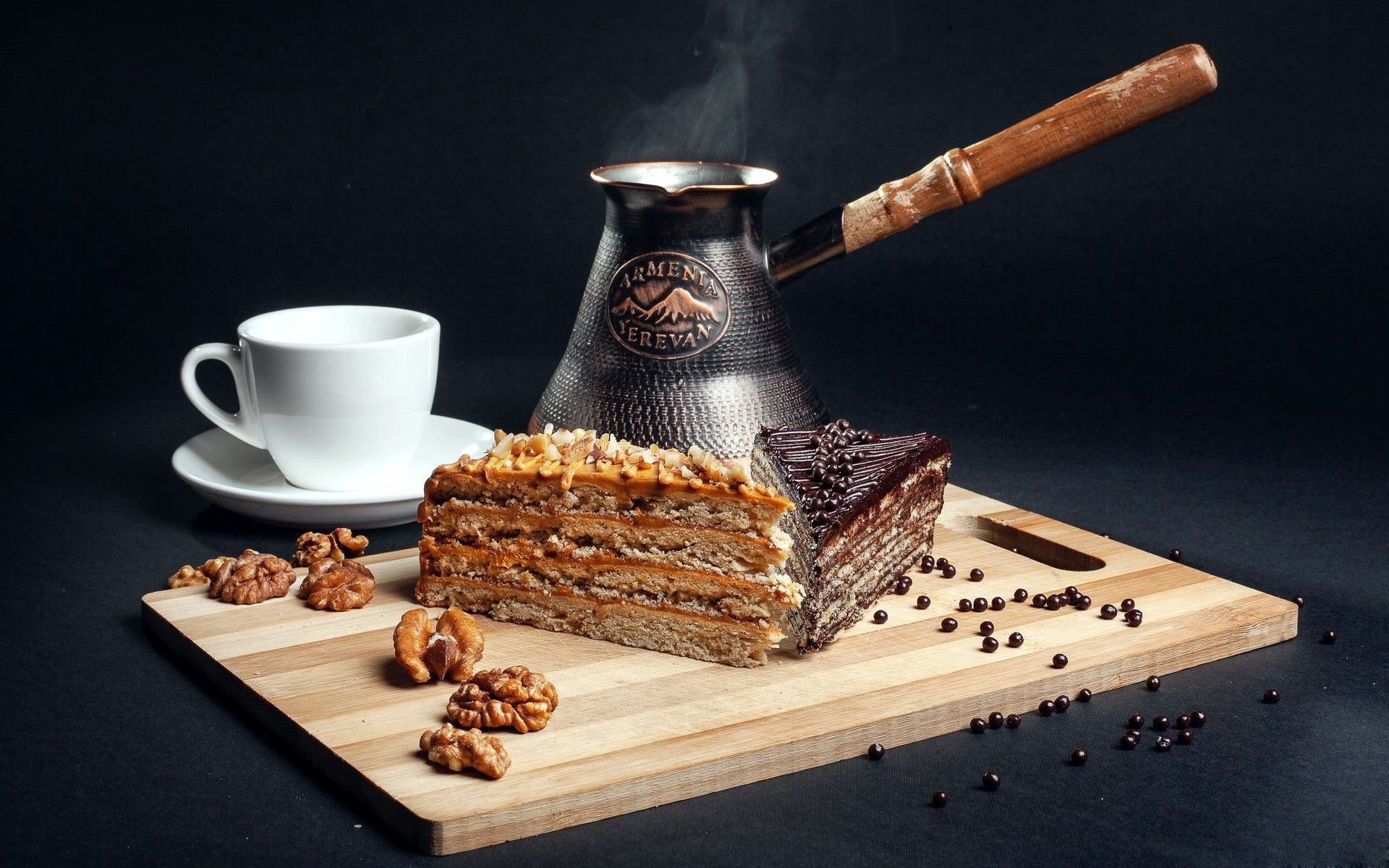 General 1920x1200 food sweets cake still life coffee mug walnuts cutting board simple background closeup