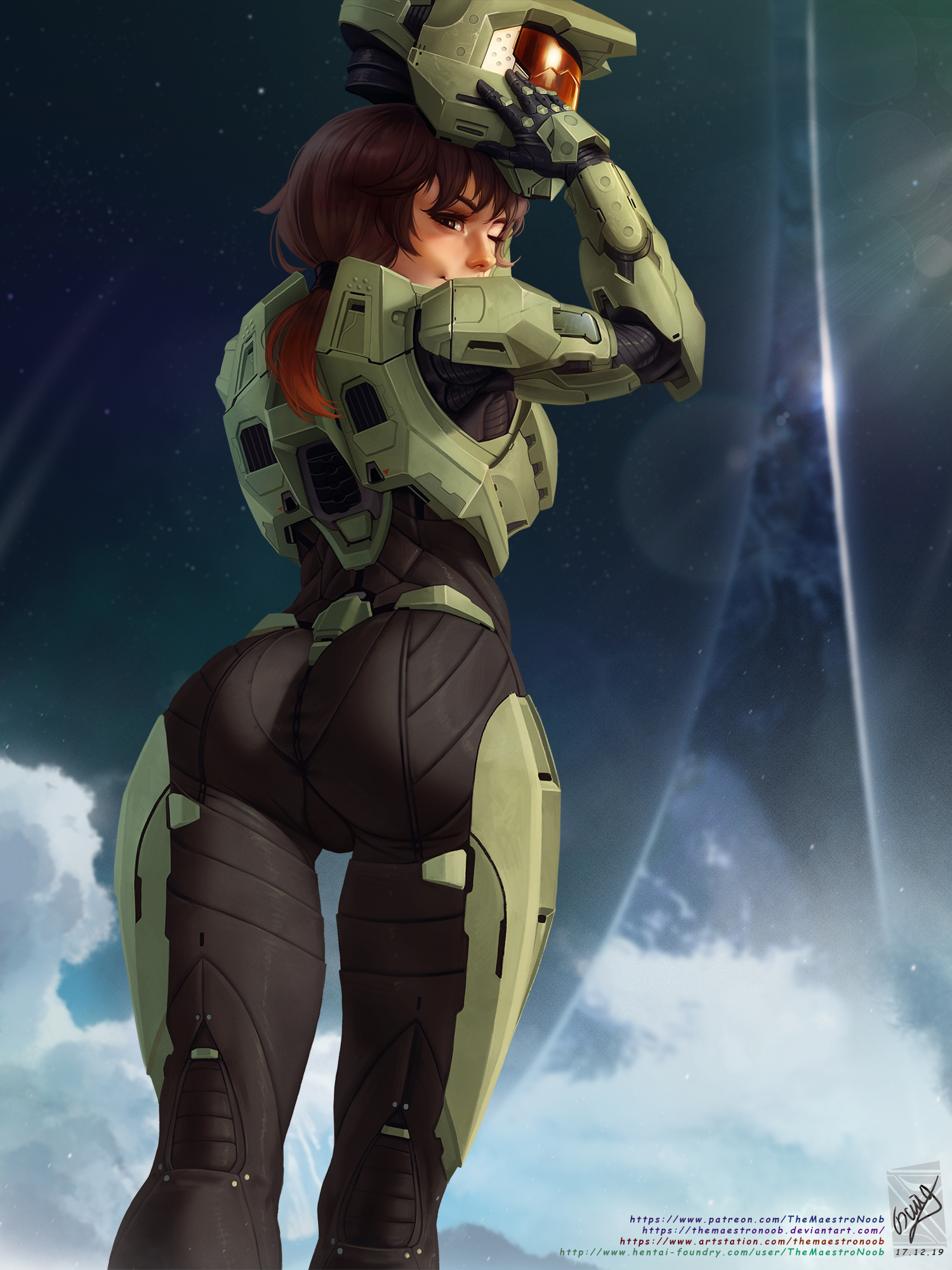 General 1500x2000 Halo (game) Halo 4 Halo 5: Guardians 2D ass fantasy armor female version female warrior thighs looking at viewer brunette Spartans helmet brown eyes the gap TheMaestroNoob one eye closed long hair portrait display fan art video game characters genderswap DeviantArt armor science fiction Master Chief (Halo) low-angle watermarked