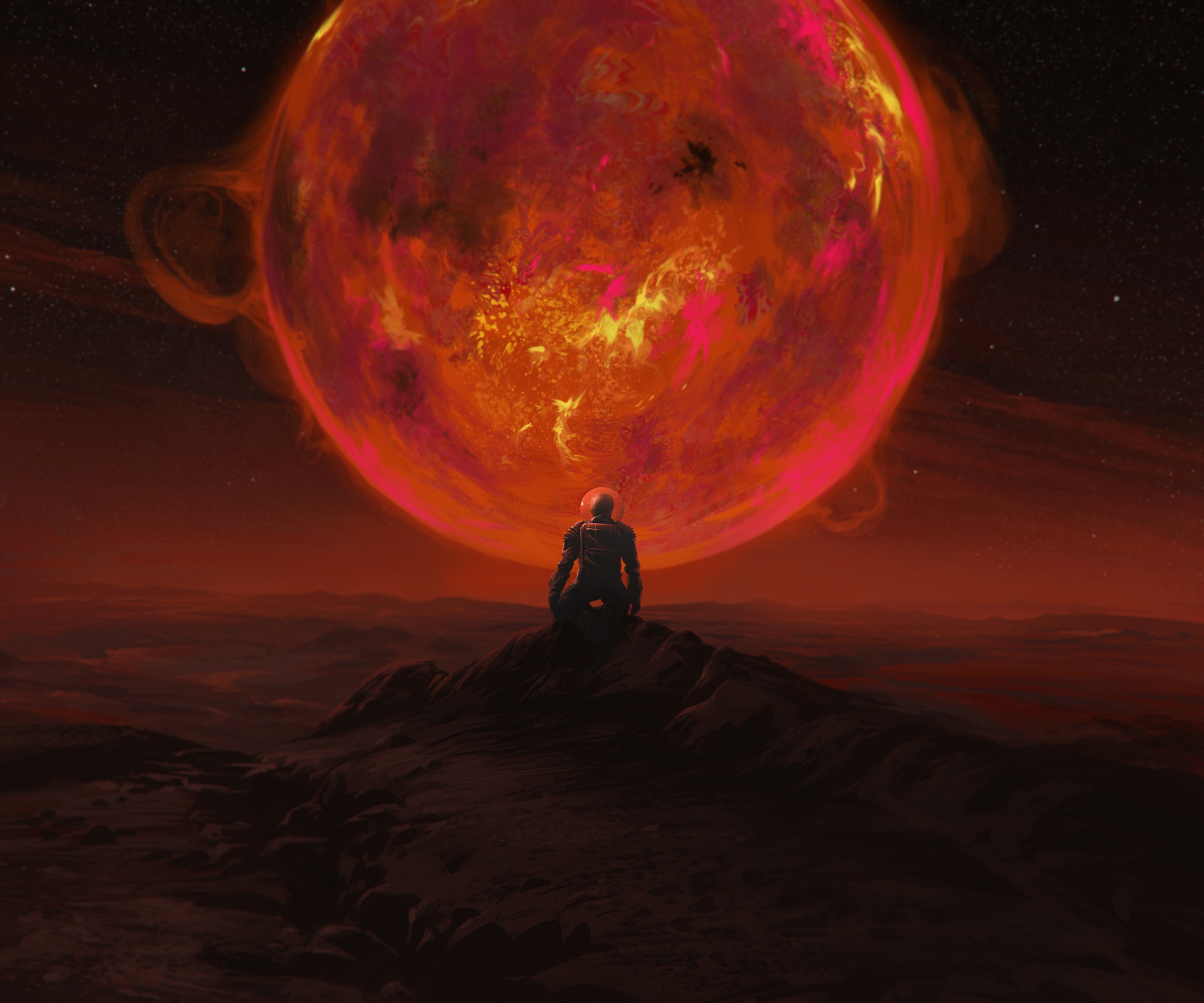 General 2400x2000 digital art artwork Sun astronaut space planet science fiction red