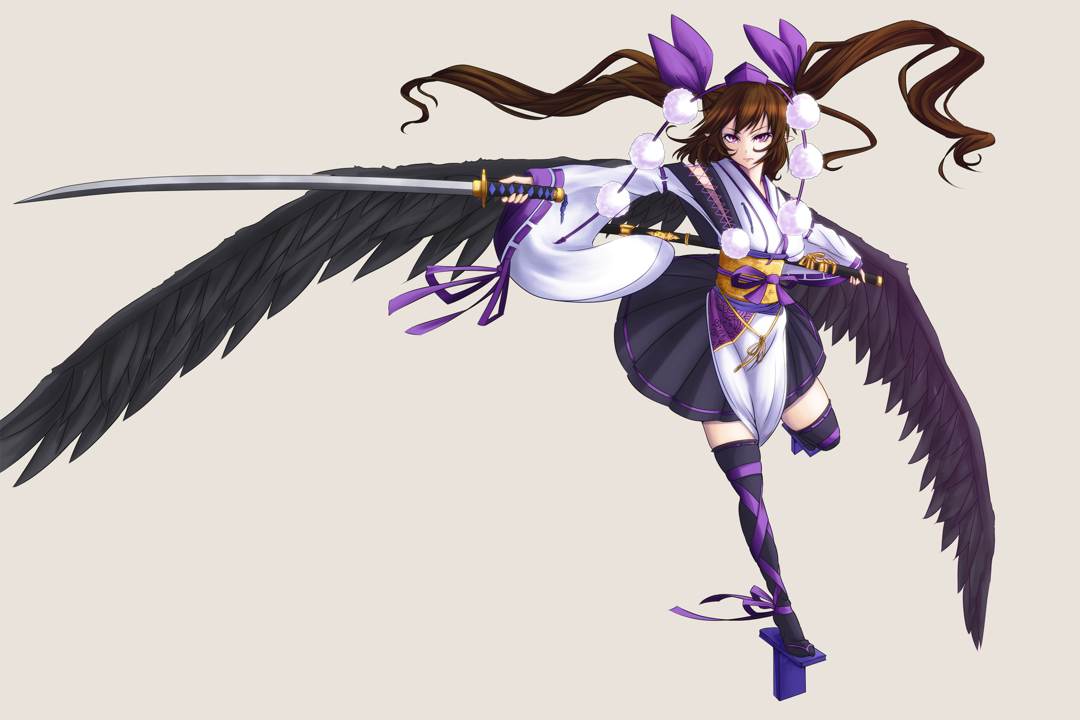 Anime 2160x1440 Touhou Himekaidou Hatate anime sword fantasy girl white background simple background anime girls wings