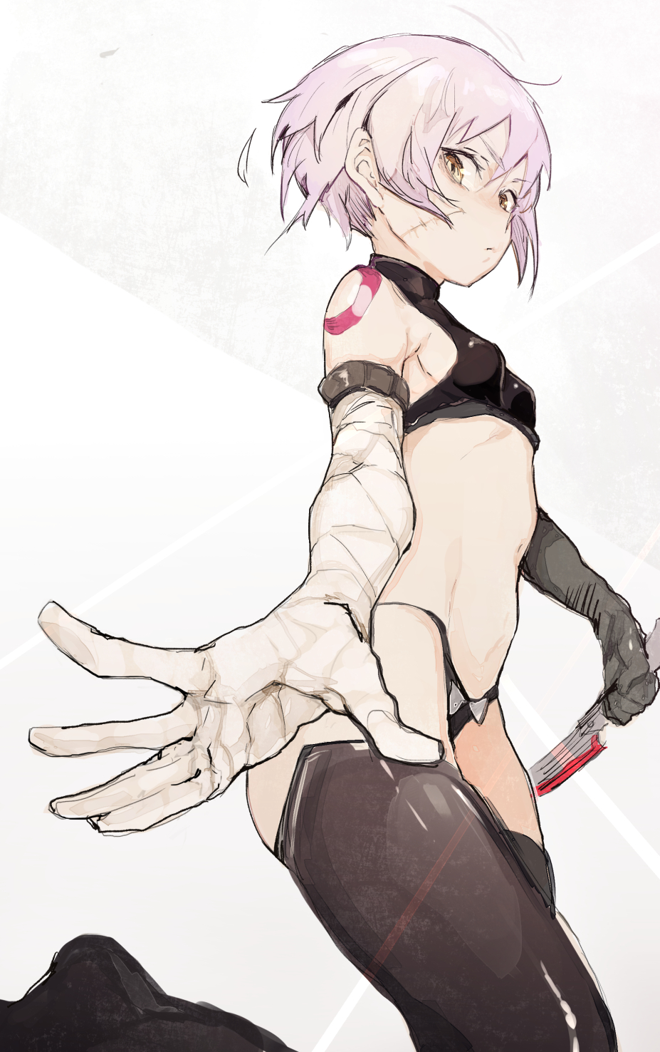 Anime 927x1476 Fate series Fate/Grand Order Fate/Apocrypha  anime girls 2D small boobs simple background Assassin of Black Jack the Ripper (Fate/Apocrypha) abs belly looking at viewer short hair fan art yellow eyes bandages black panties black top scars low-angle thigh high boots knife