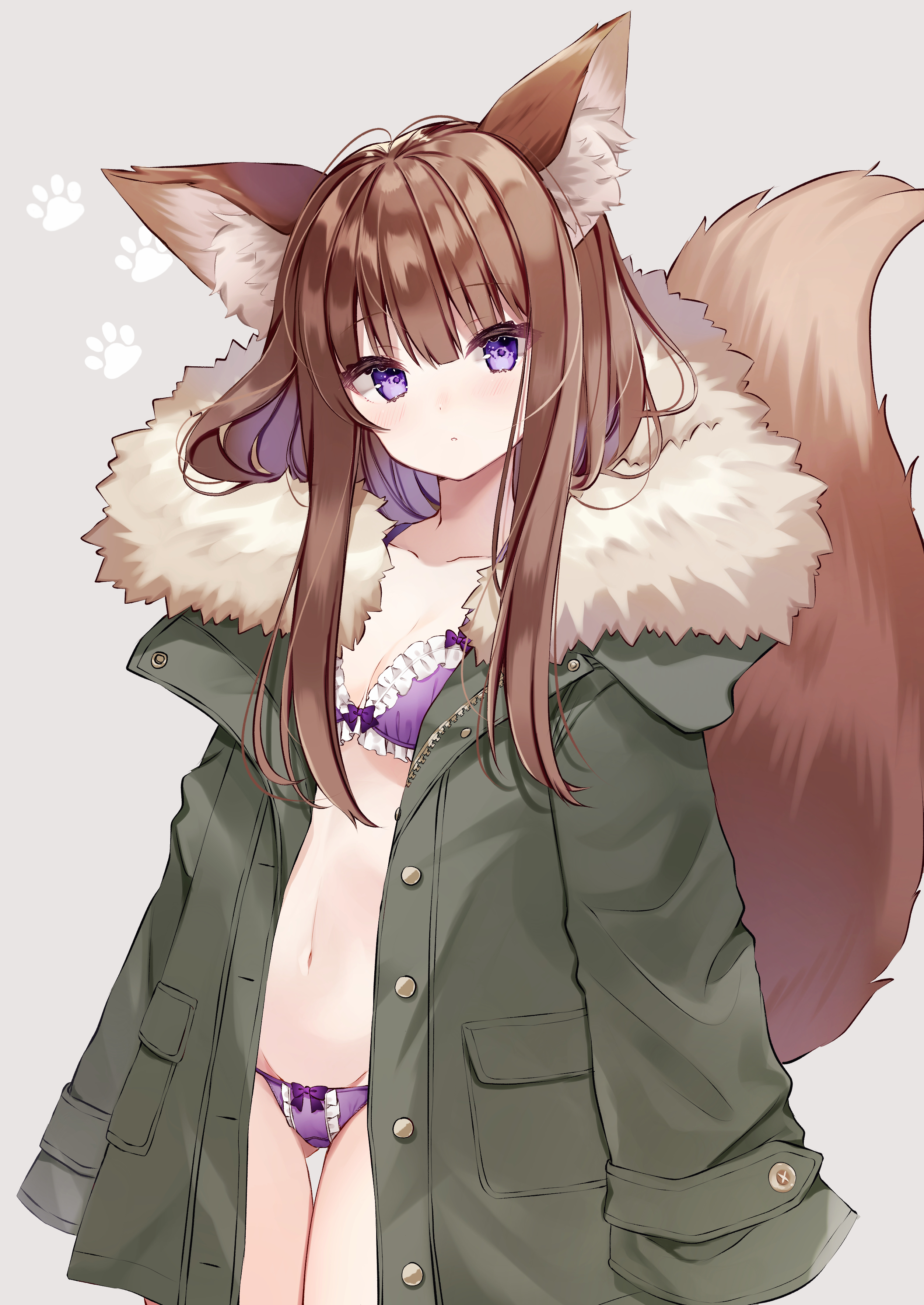 Anime 2508x3541 anime anime girls digital art artwork 2D portrait display Kotamun animal ears tail fox girl brunette purple eyes open coat underwear