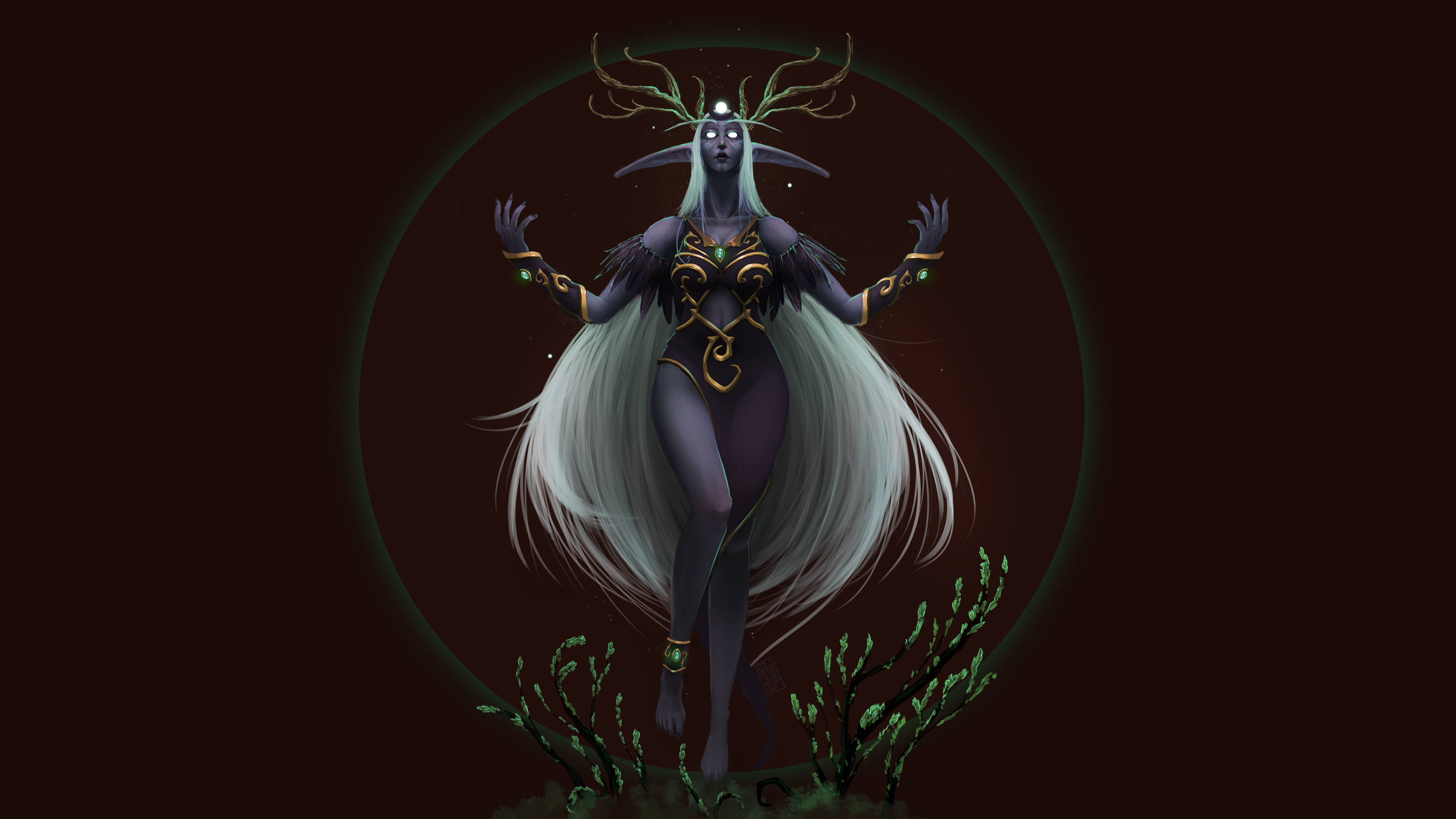 General 3840x2160 night elves World of Warcraft Druid fantasy art fantasy girl pointy ears nature white hair Warcraft frontal view Elune