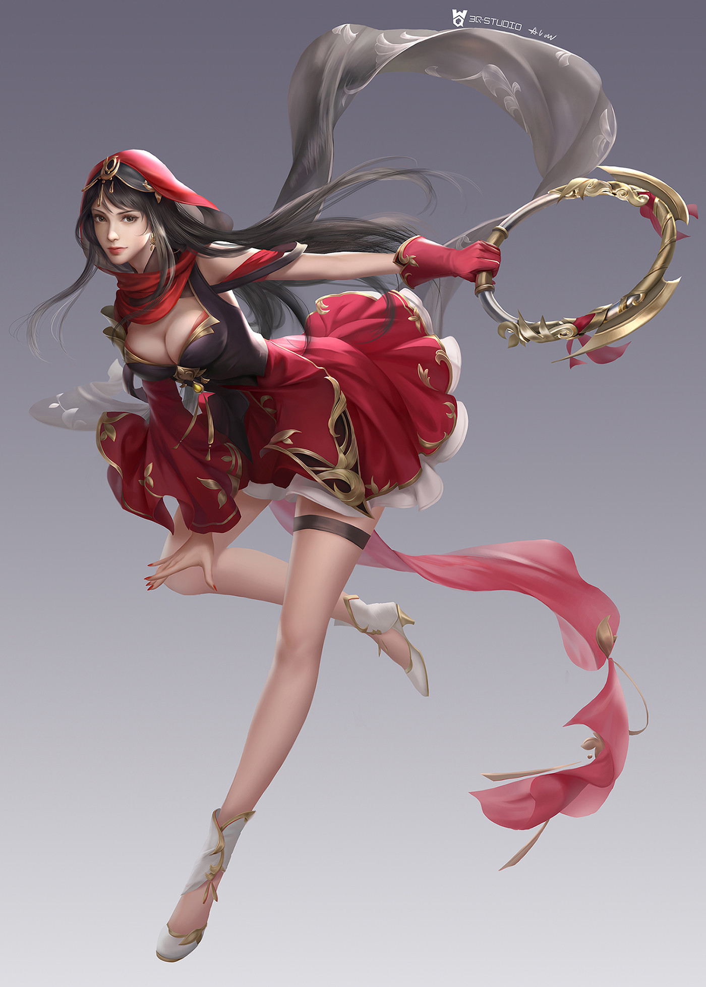 General 1400x1955 drawing women dark hair long hair straight hair wind looking at viewer hoods dress scarf red clothing weapon blades shoes high heels simple background fantasy girl 3Q Studio